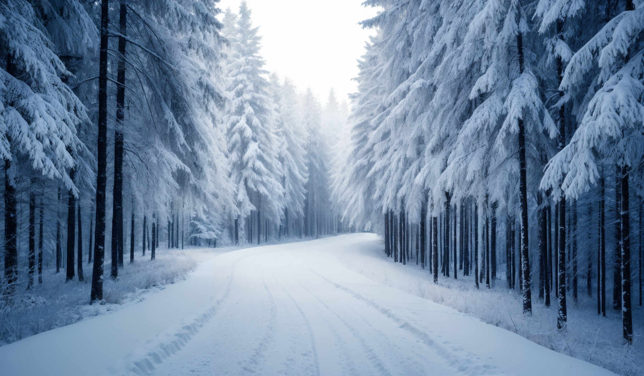 The image showcases a serene winter landscape. Dominating the scene are tall, slender trees covered in a thick layer of snow, their branches weighed down by the accumulated frost. The trees are densely packed, creating a canopy that filters the light, casting a soft glow on the snowy ground below. A winding path or road runs through the center of the image, its tire tracks clearly visible, leading the viewer's eye deeper into the forest. The overall color palette is cool, with shades of white, blue, and gray dominating the image and contrasting with the dark brown of the tree trunks.