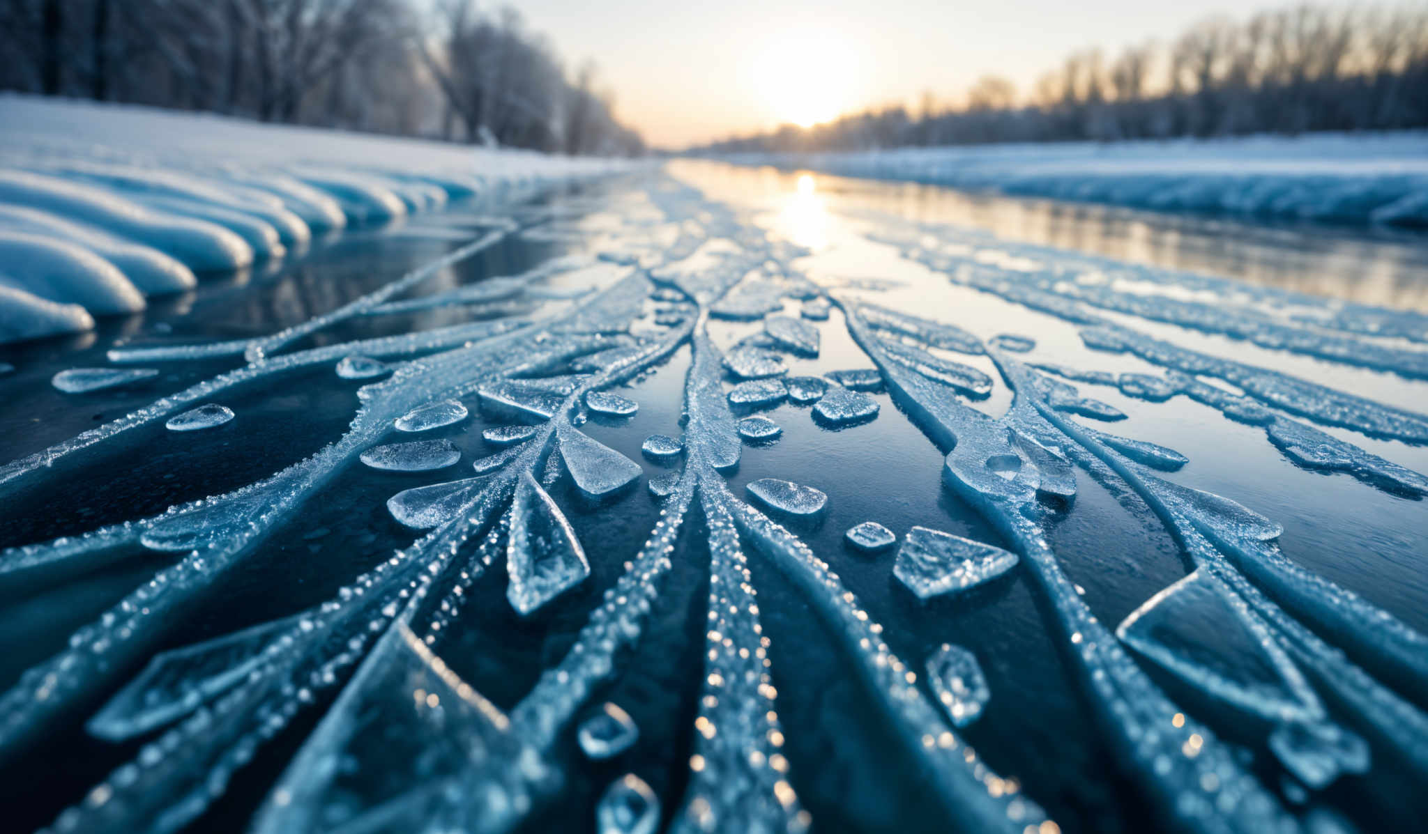 The image showcases a breathtaking winter scene. The foreground is dominated by intricate patterns of frozen water, forming delicate ice crystals and frozen trails. These patterns are a mix of sharp, jagged shapes and smooth curves, reflecting the sunlight and giving them a shimmering appearance. The water's surface is calm, reflective, and mirrors the surrounding snowy landscape. In the background, there's a serene view of snow-covered trees lining the banks of a river or stream. The sky is clear, and the sun is either rising or setting, casting a warm golden hue over the scene.