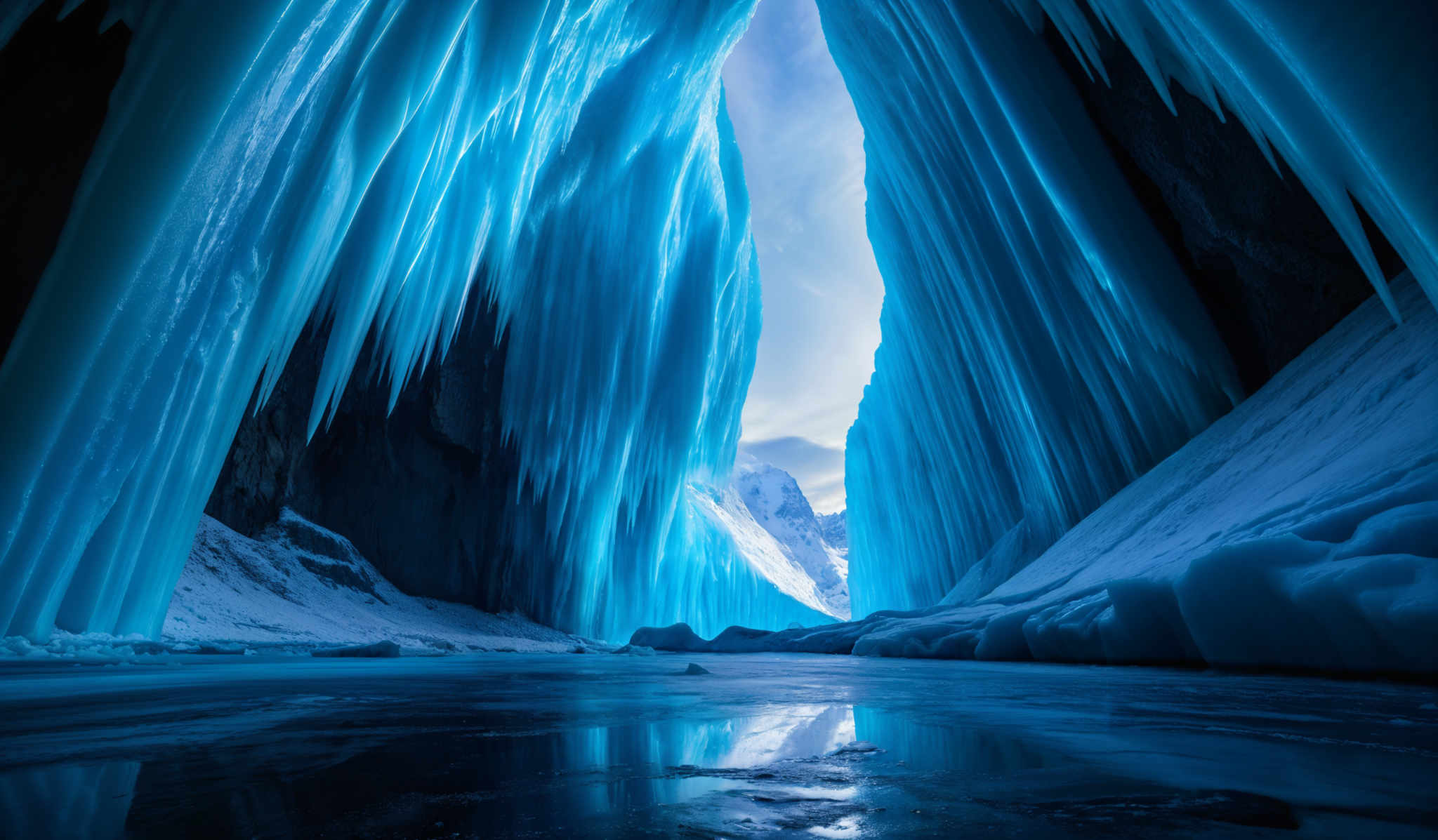 The image showcases a breathtaking view of a frozen landscape. The dominant color is a deep shade of blue, which gives the scene a cold and serene ambiance. The shape is predominantly vertical, with tall, icicle-like structures that seem to be hanging from the ceiling of a cave or a cavern. These structures are illuminated from the top, casting a soft glow that contrasts with the darker, shadowed areas. The ground is covered in snow and ice, with some parts reflecting the blue hue of the surrounding structures. In the distance, snow-covered mountains can be seen, adding depth to the scene.