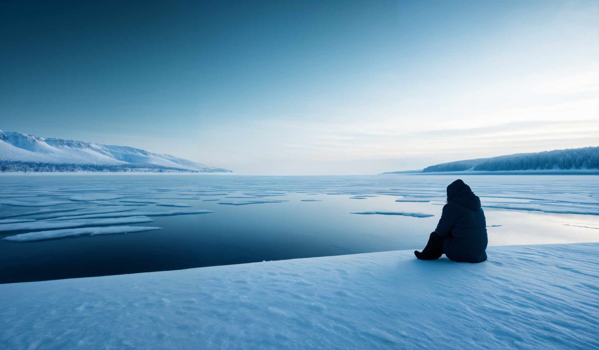 The image showcases a serene winter landscape. Dominating the scene is a vast expanse of icy water with patches of ice floating on it. The ice formations vary in size, with some larger and more distinct patches, while others are smaller and blend seamlessly with the water. The water reflects the sky, adding a touch of blue to its icy white appearance. In the background, there's a dense forest covered in snow, and beyond that, a range of snow-covered mountains. The sky is clear with a gradient of blue, transitioning from a deeper shade at the top to a lighter hue near the horizon. On the right side of the image, there is a person sitting on the snow, facing the water and mountains, wearing a dark-colored jacket and a hood.