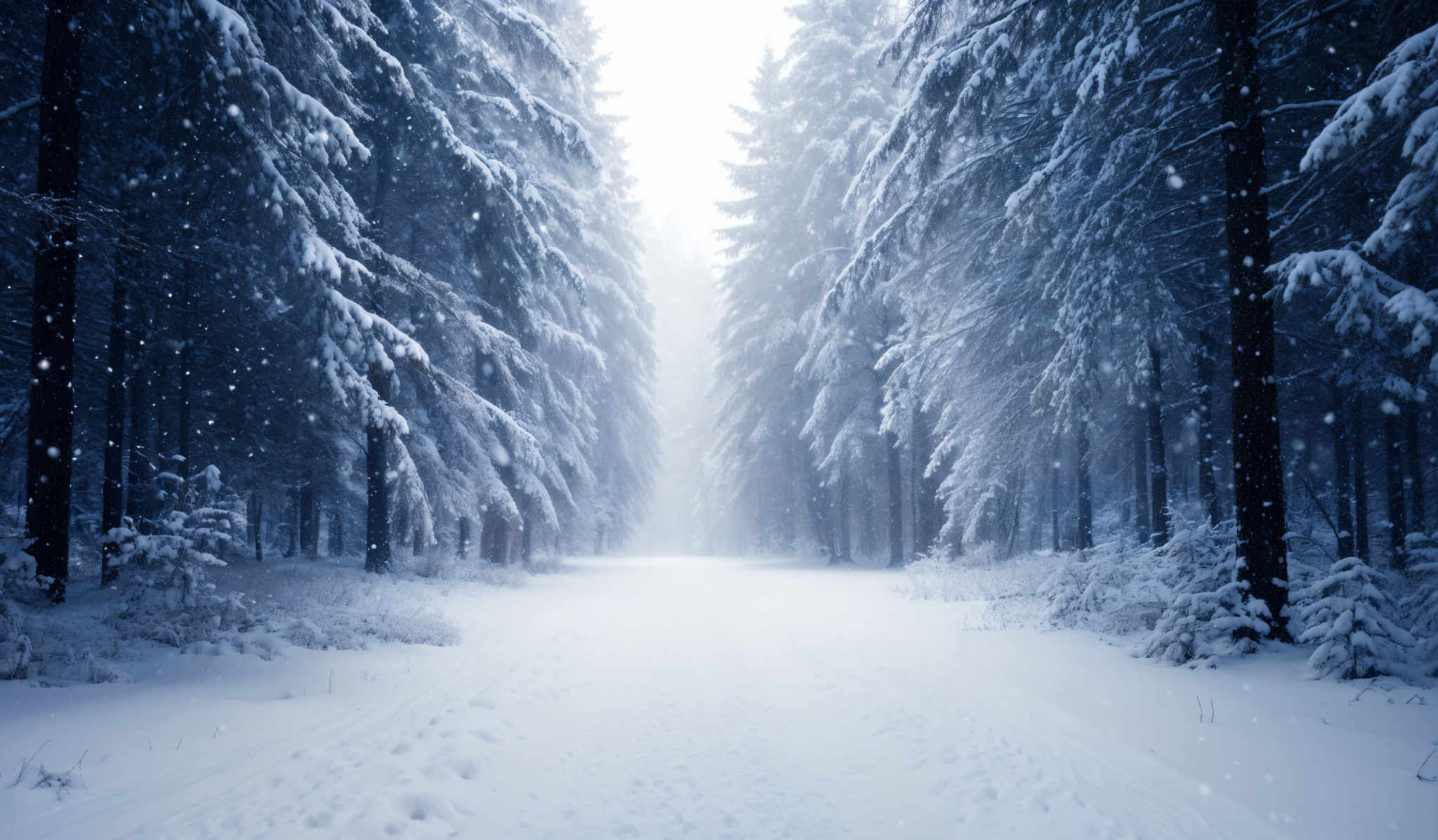 The image showcases a serene winter landscape. Dominating the scene are tall, evergreen trees covered in thick layers of snow. The trees have a conical shape, and their branches are laden with snow, creating a picturesque scene. The ground is blanketed in a thick layer of snow, with footprints visible, suggesting recent movement. Snowflakes are falling gently, adding to the tranquility of the scene. In the distance, a misty pathway or road can be seen, leading the viewer's eye deeper into the forest.