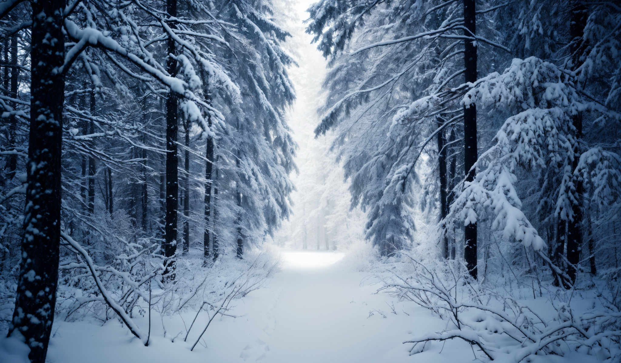 The image showcases a serene winter landscape. Dominating the scene are tall, slender trees covered in a thick layer of snow. The trees' branches are laden with snow, creating a dense canopy that filters the light, casting a soft glow on the snowy ground below. The ground itself is blanketed in a pristine white snow, with footprints faintly visible, suggesting recent movement. The overall color palette is cool, with shades of blue and white dominating, evoking a sense of calm and tranquility.