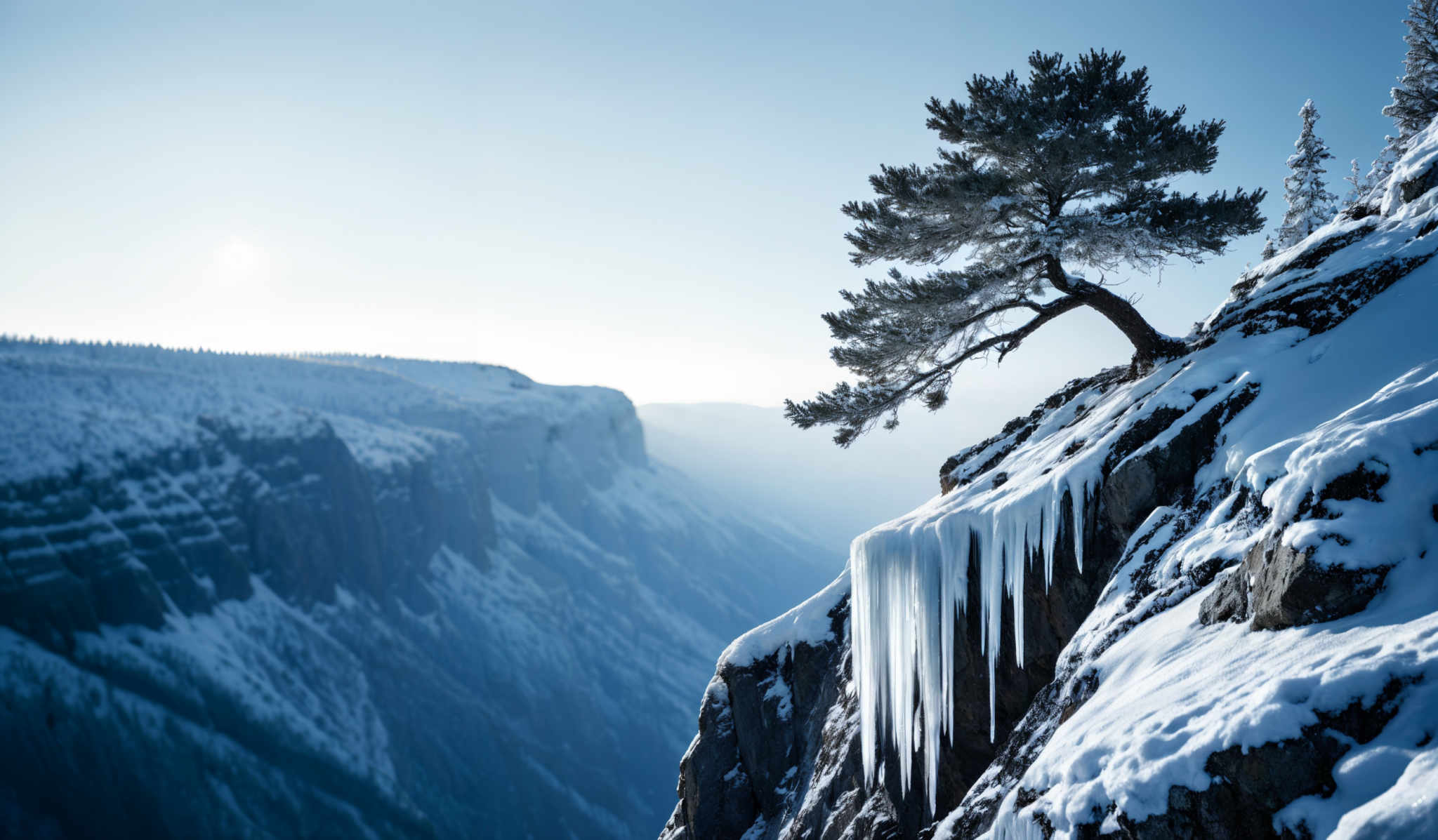 The image showcases a breathtaking winter landscape. Dominating the foreground is a rugged rocky terrain covered in snow, with icicles hanging from the edges. A lone tree stands on the right, its branches covered in a thick layer of snow, and it seems to be clinging to the edge of a steep cliff. The background reveals a vast expanse of snow-covered mountains and valleys, with the sun shining brightly, casting a soft glow over the scene. The sky is clear, and the overall color palette is a mix of cool blues and whites, with a touch of warm sunlight.