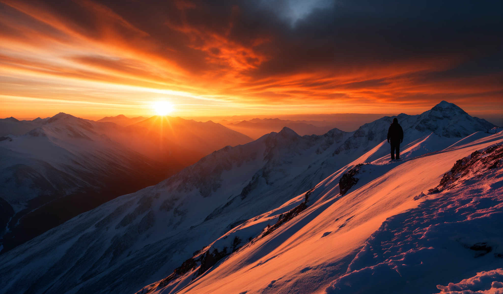 The image showcases a breathtaking mountainous landscape during sunset. The sky is painted with hues of orange, red, and purple, with the sun casting a golden glow over the snow-covered peaks. The sun is positioned near the horizon, casting long shadows across the snowy slopes. The mountains have jagged edges and are covered in snow, with some parts illuminated by the sun's rays, while others remain in shadow. In the foreground, there's a silhouette of a person standing on a ridge, overlooking the vast expanse of the mountains. The person appears to be a hiker or mountaineer, taking in the serene beauty of the scene.