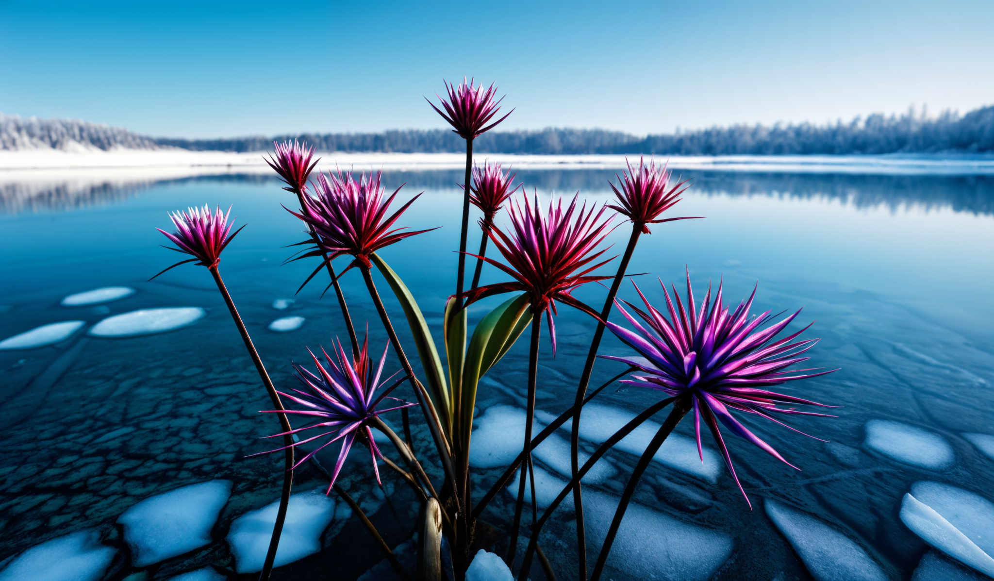 The image showcases vibrant pink and purple flowers with sharp, elongated leaves emerging from the water. The flowers have a unique, spiky appearance, and the leaves are green with some showing signs of wear or discoloration. The background reveals a serene landscape with a frozen body of water reflecting the snowy trees and clear blue sky. The water has patches of ice, and there are some rocks visible beneath the surface.