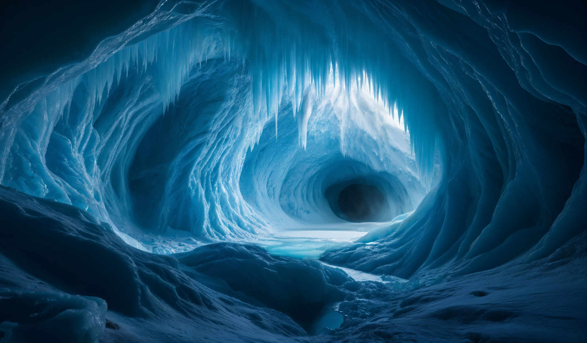 The image showcases a mesmerizing icy cavern. The dominant color is a deep shade of blue, giving the scene a cold and serene ambiance. The cavern's walls are intricately textured, with patterns resembling flowing water or waves. Icicles hang from the ceiling, and the ground is covered in what appears to be ice or snow. The center of the cavern opens up to a darker space, suggesting a tunnel or an exit. Overall, the image evokes feelings of wonder and the awe-inspiring beauty of nature.