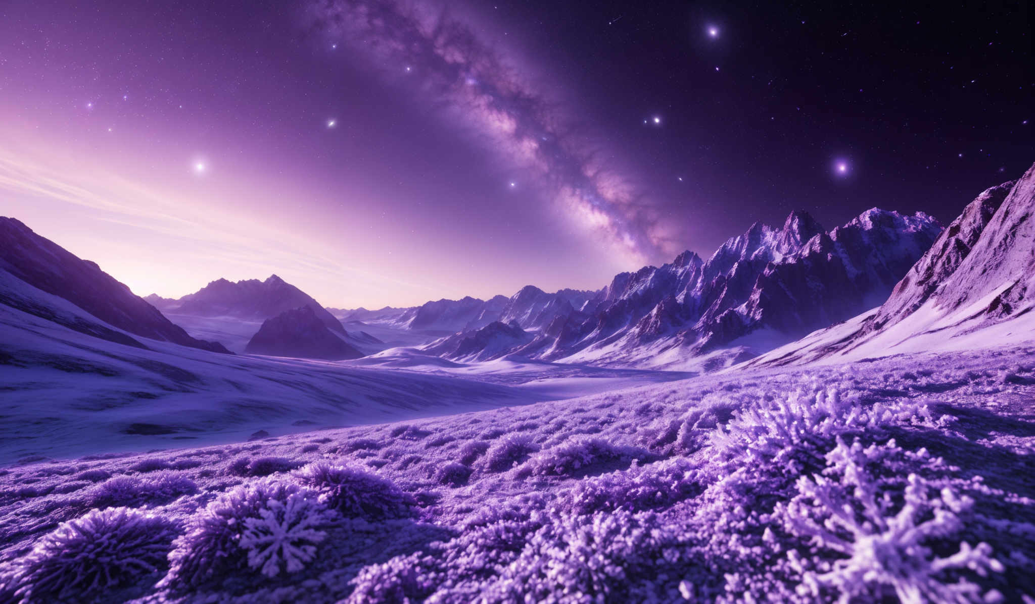 The image showcases a breathtaking landscape dominated by a range of purples and blues. The foreground is covered with what appears to be frost-covered vegetation, giving it a sparkling, crystalline appearance. The middle ground features rugged mountain ranges, their peaks sharp and jagged. The sky is a deep purple, dotted with bright stars and a prominent Milky Way galaxy stretching across it. The overall ambiance is serene, ethereal, and otherworldly.