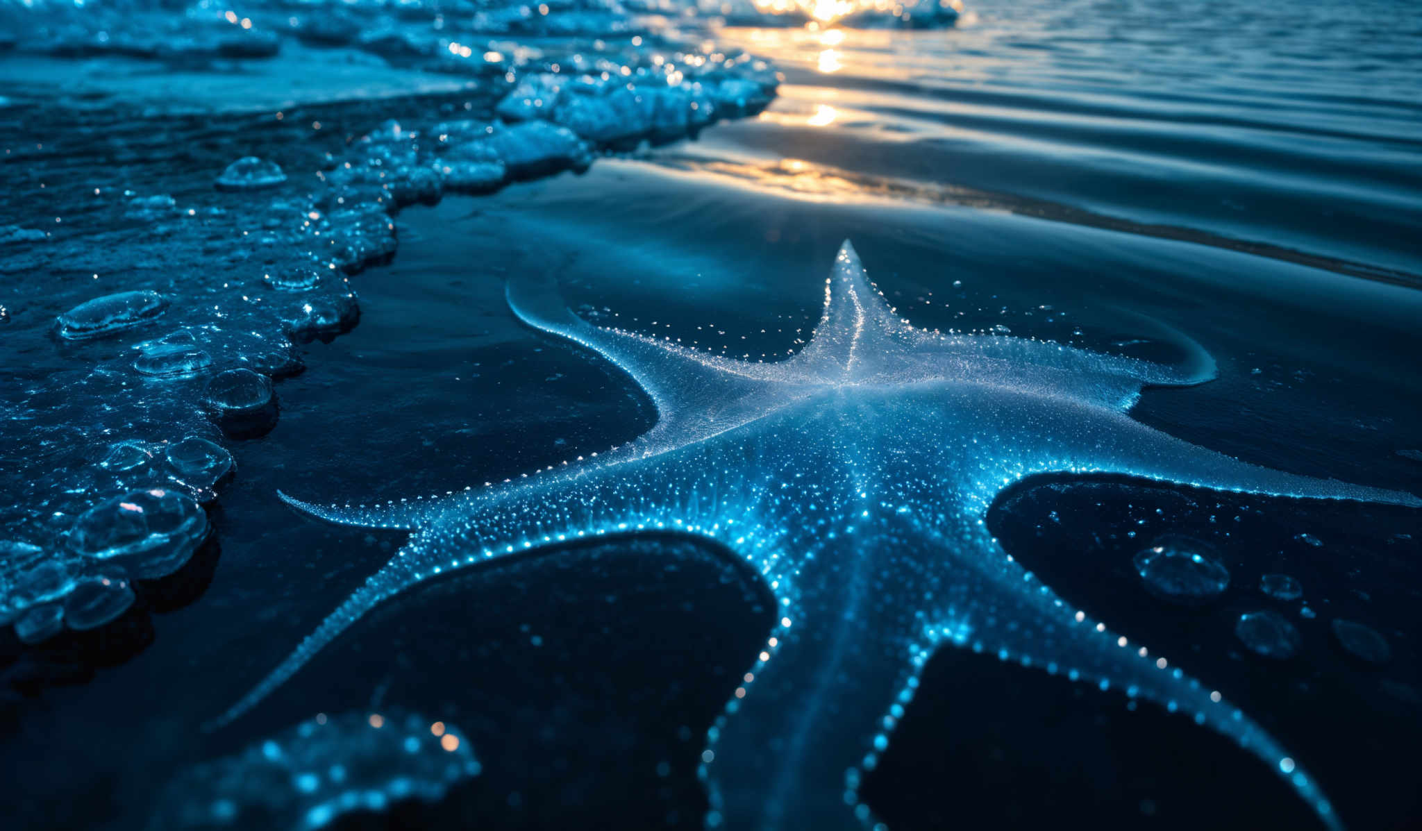 The image showcases a translucent, star-shaped object that appears to be made of ice or frozen water. It is adorned with tiny bubbles, giving it a sparkling appearance. The object is placed on a body of water, with the water's surface reflecting the sunlight, creating a shimmering effect. The surrounding area is frozen, with intricate patterns of ice formations.