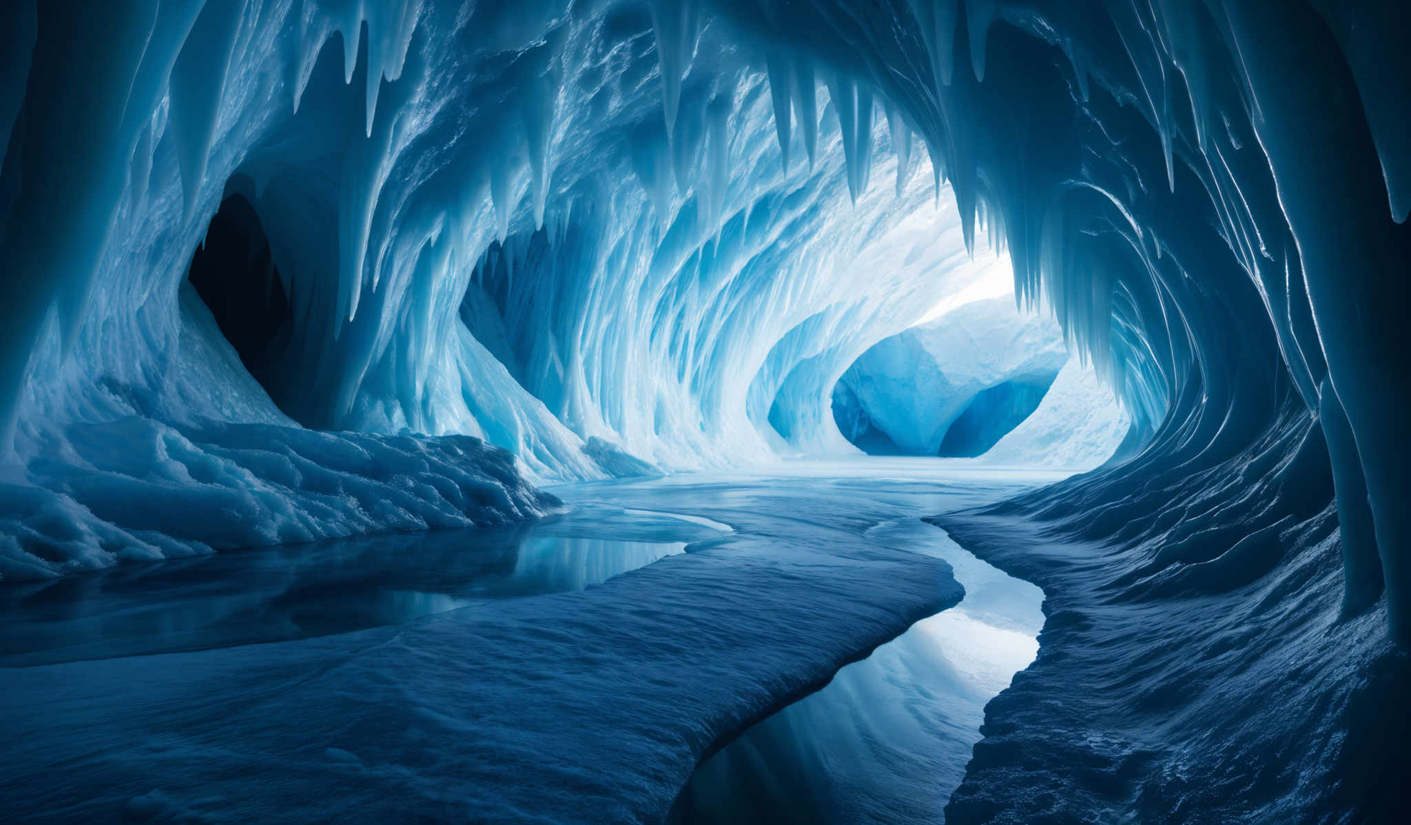 The image showcases a breathtaking view of an ice cave. The dominant color is a deep shade of blue, which gives the cave a serene and cold ambiance. The ice formations are intricate, with hanging icicles, smooth ice walls, and a flowing stream of ice at the bottom. The cave's architecture is reminiscent of a tunnel, with arches and curves that allow light to filter in from the opening at the end. The stream of clear ice reflects the surrounding blue, adding depth and dimension to the scene.