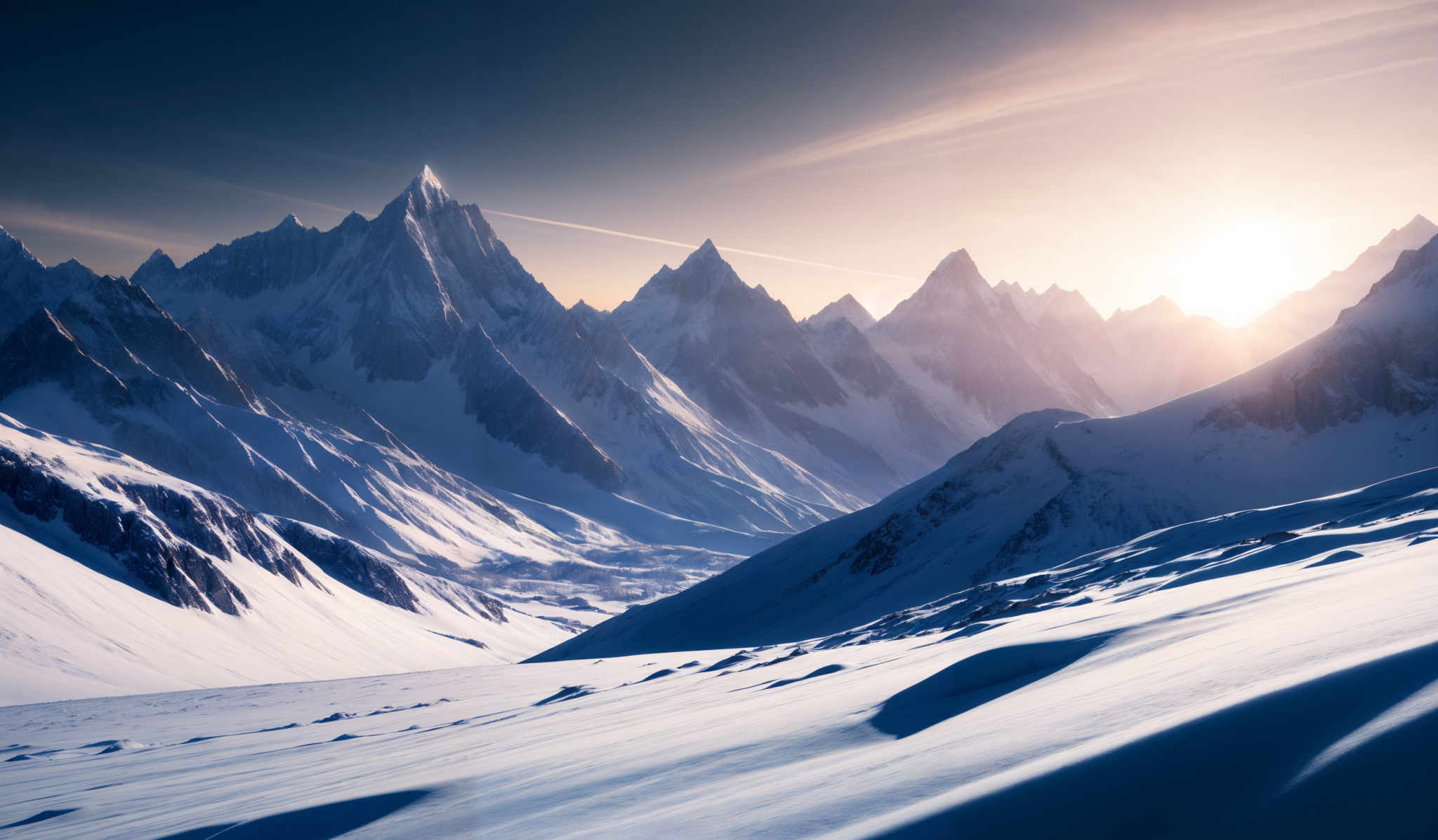 The image showcases a breathtaking mountainous landscape during what appears to be either sunrise or sunset. The dominant colors are shades of blue, white, and gold. The mountains are sharp and jagged, with snow-covered peaks. The sun casts a golden hue, illuminating the snow and creating long shadows on the slopes. There are also some rocky outcrops visible, and the sky is clear with a few wisps of clouds.