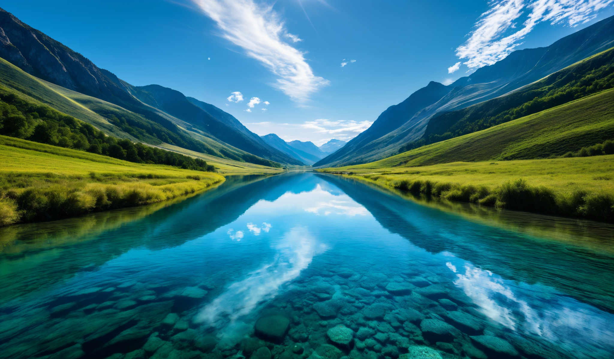 The image showcases a breathtaking landscape with vibrant colors. The dominant colors are various shades of green from the grassy fields and trees, and deep blue from the clear waters of the lake. The mountains in the background are majestic, with their rugged peaks and slopes. The sky is a clear blue with a few wispy clouds, and the reflection of the mountains and the sky can be seen perfectly in the calm waters of a lake that runs through the valley.