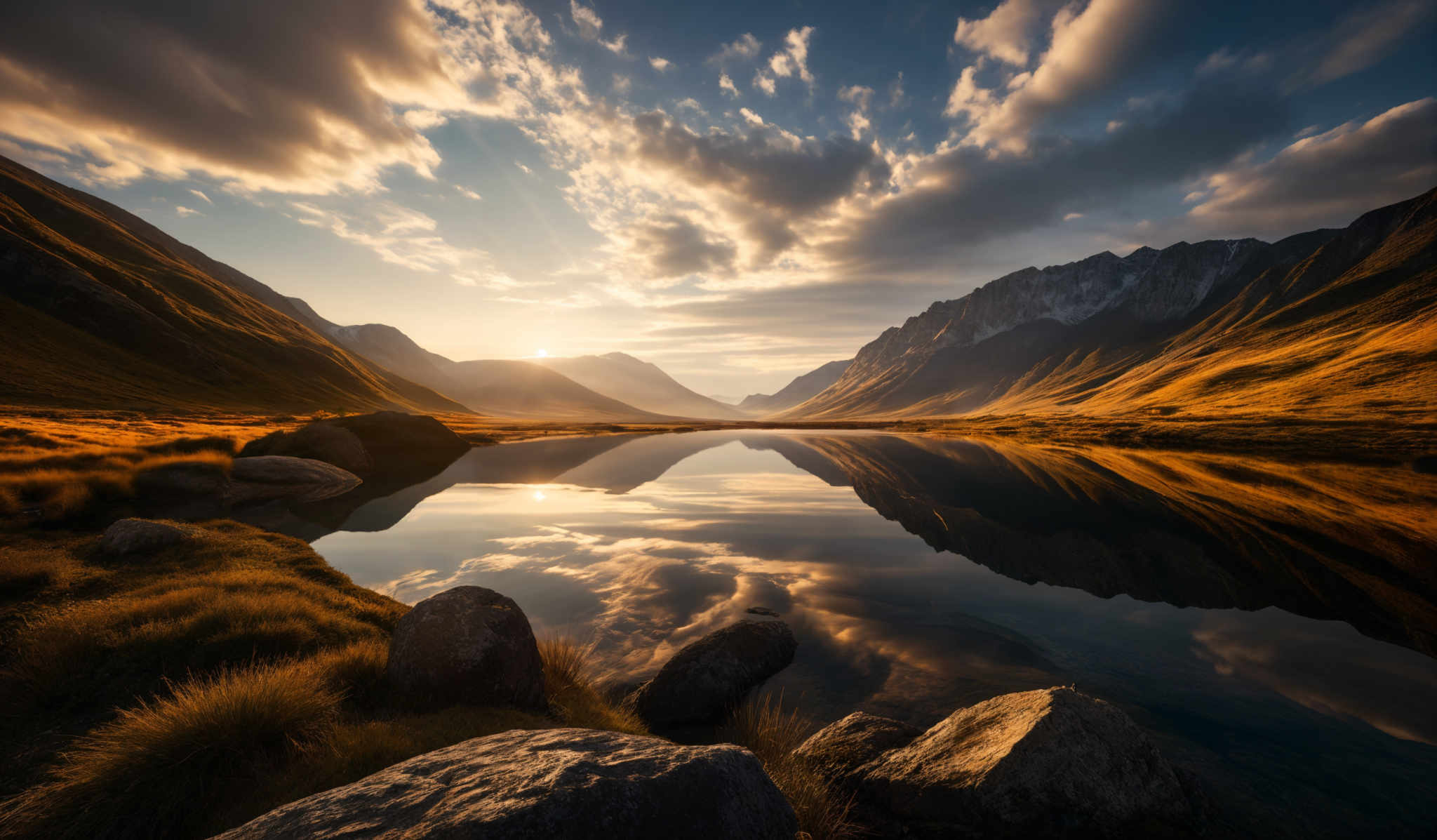 The image showcases a breathtaking landscape during what appears to be either sunrise or sunset. The sky is painted with hues of blue, gold, and white, with fluffy clouds scattered across. The sun casts a golden glow on the mountains and the valley below. The mountains are rugged with sharp peaks, and their slopes are covered with green grass. In the foreground, there's a calm body of water reflecting the sky and the mountains, creating a mirror-like effect. Rocks and tufts of grass are scattered around the water's edge.