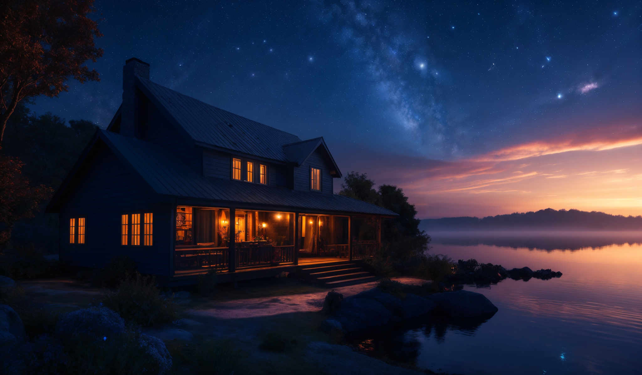 The image showcases a serene night scene with a two-story house situated by a calm lake. The house is painted in a dark shade, possibly blue or black, and has a sloping roof. The windows of the house are illuminated, suggesting that someone might be inside. Adjacent to the house, there's a tree with autumn-colored leaves, predominantly in shades of orange and red. The sky is a deep blue, dotted with numerous stars and a prominent Milky Way galaxy. The horizon displays a beautiful gradient of colors, transitioning from a deep orange near the lake to a darker shade as it extends upwards. The calm waters of the lake reflect the colors of the sky and the silhouette of the trees.