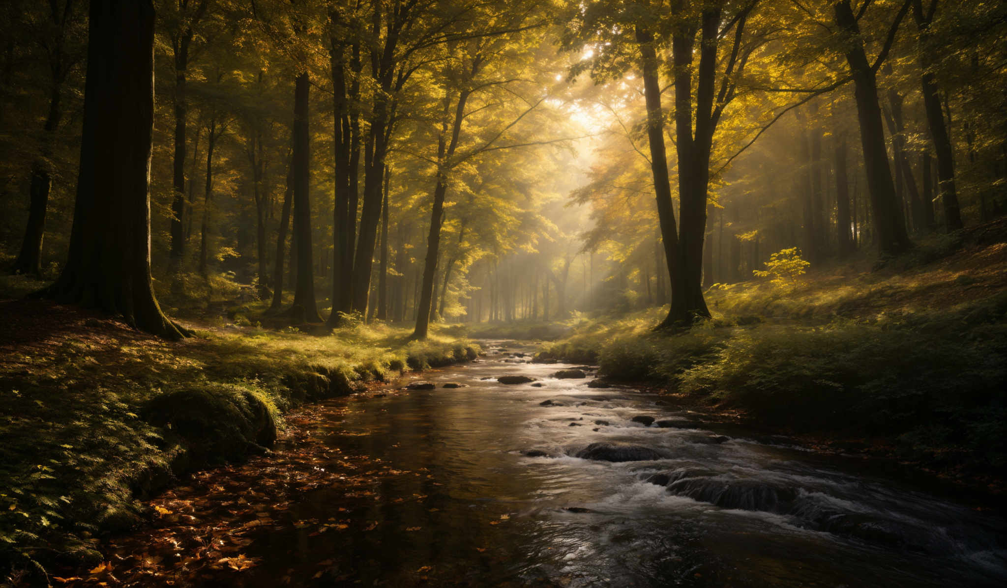 The image showcases a serene forest scene during autumn. The dominant colors are golden-yellow from the autumn leaves, deep green from the underbrush, and the dark brown of the tree trunks. The forest is dense with tall trees, their branches reaching out in various directions. A gentle stream flows through the forest, with its waters reflecting the surrounding foliage. The sunlight filters through the trees, casting a warm, golden glow over the entire scene.