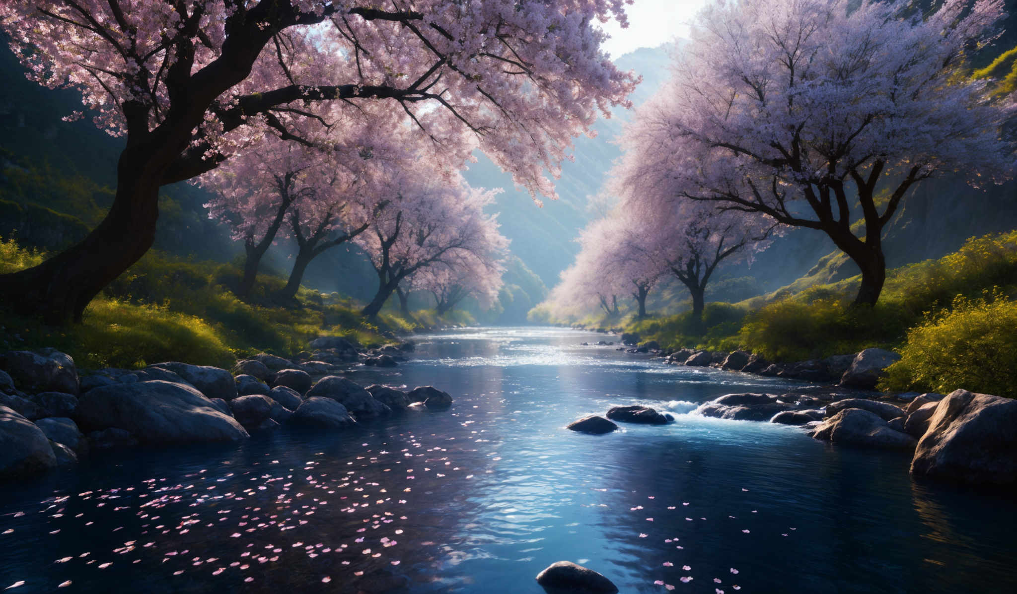 The image showcases a serene landscape with a river flowing through a narrow gorge. The river is bordered by a variety of rocks and pebbles. On either side of the river, there are cherry blossom trees in full bloom, displaying a mesmerizing pink hue. The trees have a twisted and gnarled trunk, suggesting they are quite old. The sunlight filters through the trees, casting a soft glow on the water and creating a peaceful ambiance. The background reveals a mountainous terrain, partially obscured by mist.