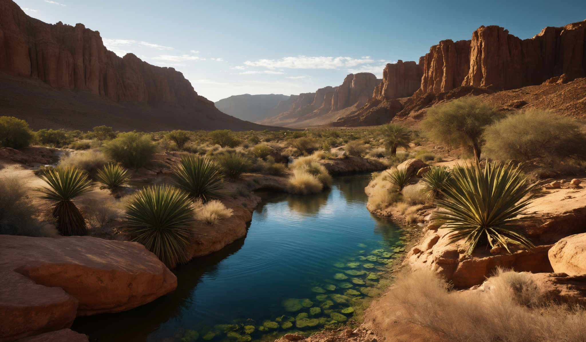 The image showcases a breathtaking landscape dominated by towering red rock cliffs that rise majestically on both sides. The cliffs are characterized by their rugged texture and vertical walls, which are bathed in the warm glow of the sun. In the foreground, there's a serene oasis with a clear blue water body surrounded by a variety of plants, including tall grasses and succulent plants. The water reflects the sky and the surrounding environment, adding depth to the scene. The sky above is clear with a few scattered clouds, suggesting a bright and sunny day.