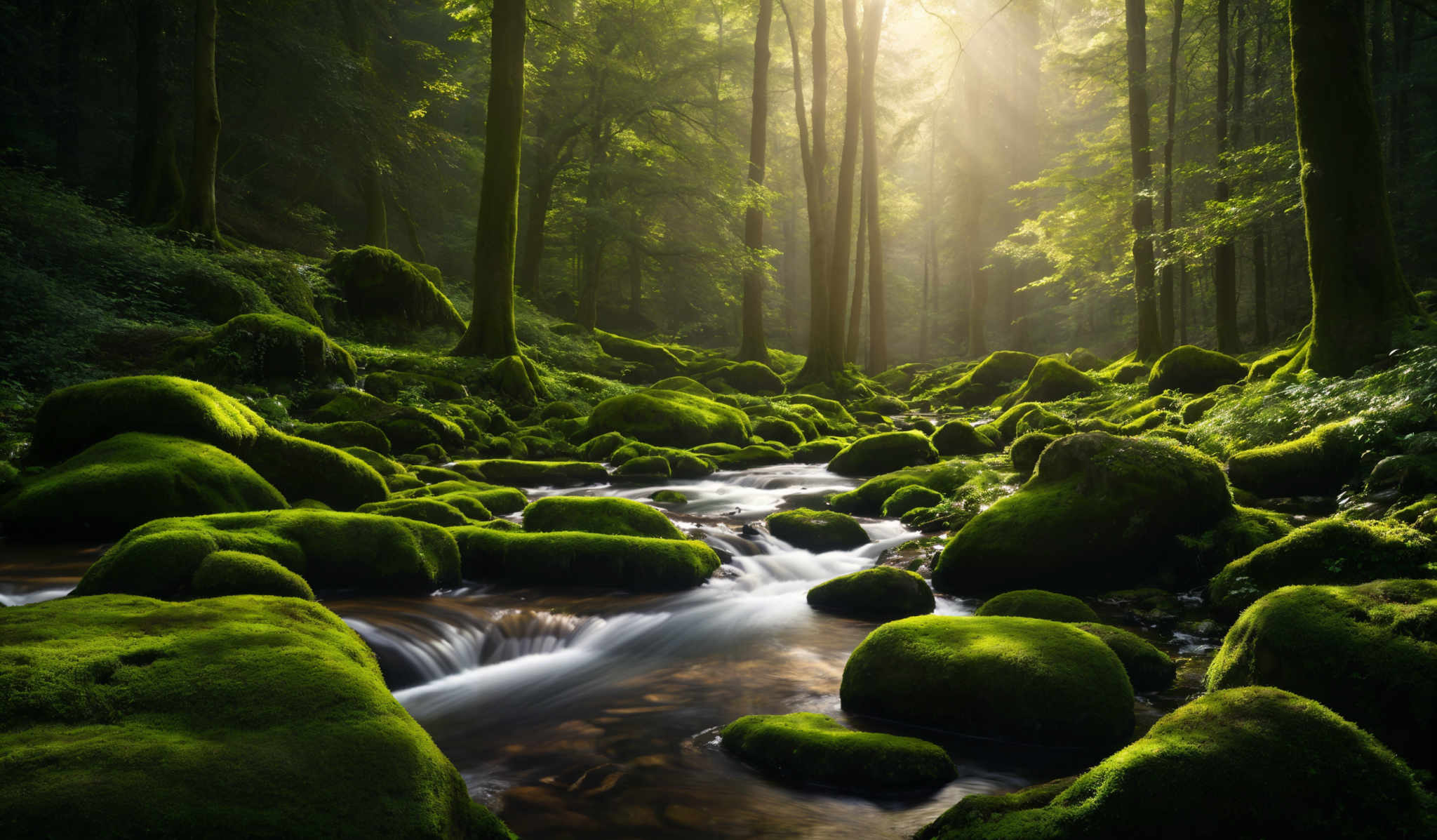 The image showcases a serene forest scene. The dominant colors are various shades of green, representing the moss-covered rocks and trees. The trees have tall, slender trunks, and their canopies are dense, allowing only a few rays of sunlight to penetrate through, creating a soft, ethereal glow. The ground is strewn with mossy rocks, some of which are smooth and rounded, while others have a more jagged appearance. A gentle stream flows through the scene, its waters cascading over the rocks, creating small white foamy patches. The overall ambiance is tranquil and untouched, evoking a sense of peace and connection with nature.