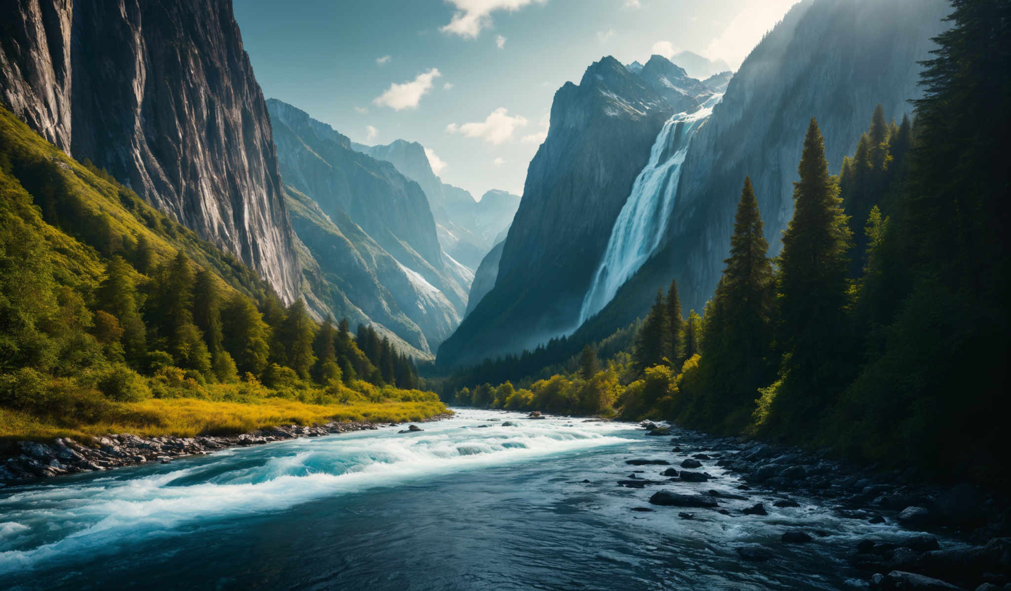 The image showcases a breathtaking natural landscape. Dominating the scene are towering cliffs with rugged textures, some of which have patches of snow. A cascading waterfall flows down one of the cliffs, creating a misty ambiance. The sky above is clear with a few scattered clouds, allowing sunlight to illuminate the scene. In the foreground, there's a rushing river with turquoise waters, surrounded by lush greenery, including dense forests of coniferous trees. The riverbed is strewn with rocks, and the riverbanks are adorned with golden-yellow grasses, suggesting a transition between seasons.