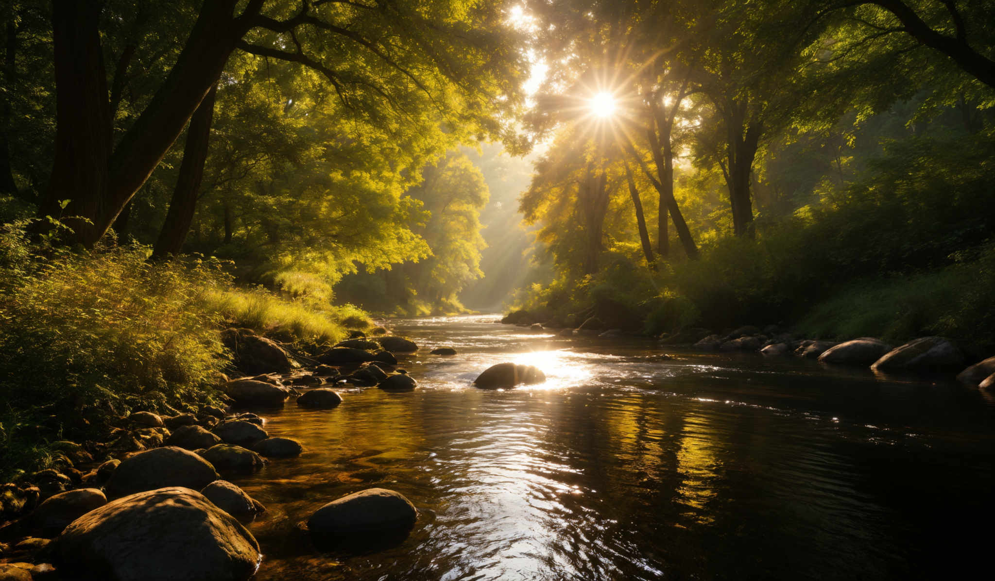 The image showcases a serene natural setting with a river flowing amidst a dense forest. The sun's rays pierce through the canopy, casting a warm golden hue over the scene. The river is lined with smooth, rounded stones, and its waters reflect the sunlight, creating a shimmering effect. The trees on either side of the river are tall and have a dense foliage, predominantly in shades of green. The forest appears to be dense, with the sun'S rays filtering through the leaves, creating an ethereal glow.