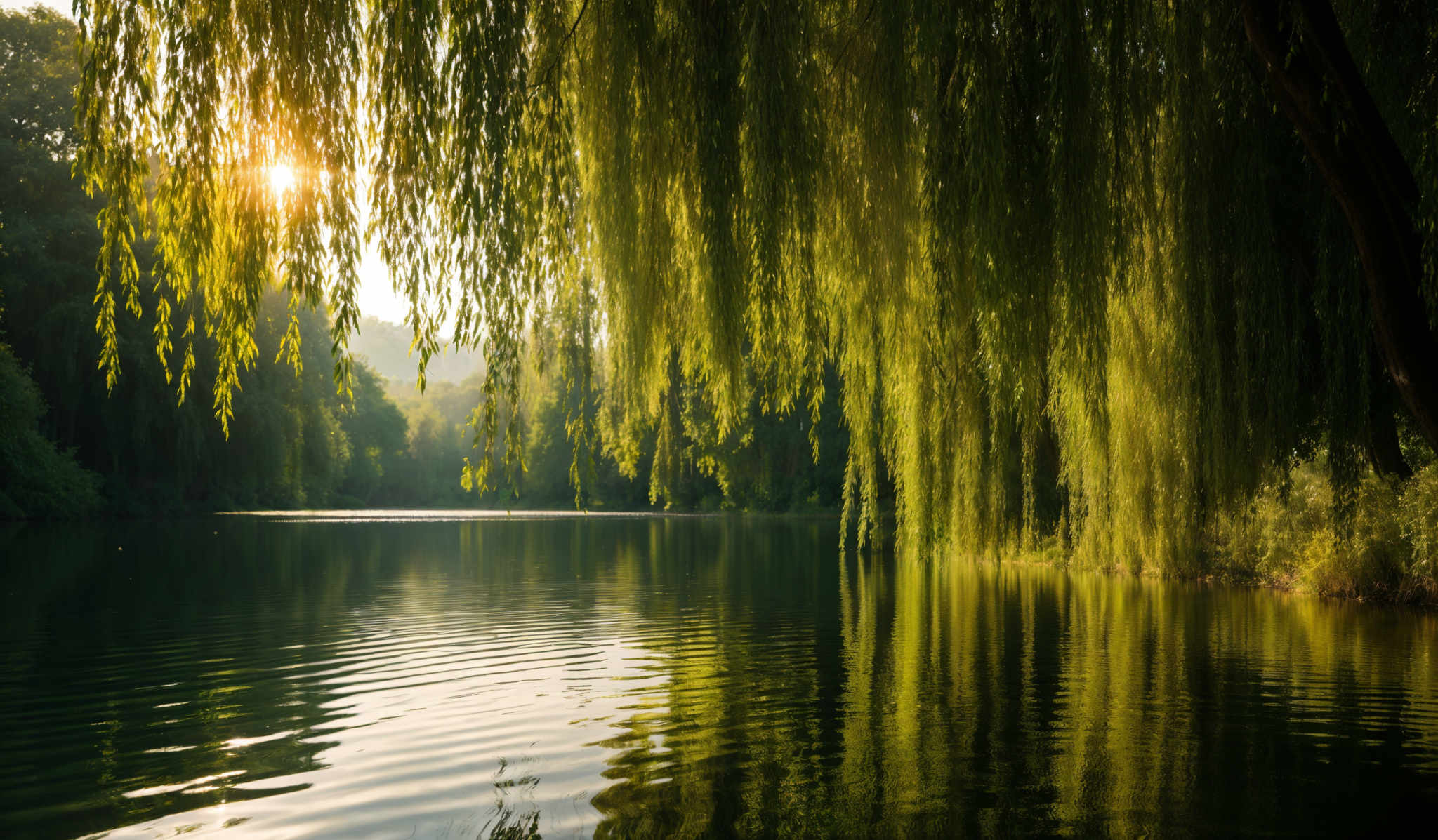 The image showcases a serene landscape with a calm body of water reflecting the surrounding greenery. Dominating the scene are tall, cascading willow trees with long, dangling branches. The sunlight filters through the trees, casting a warm, golden hue over the scene. The water is still, with gentle ripples caused by the breeze. The overall color palette is a mix of green from the trees and water, and golden-yellow from the sunlight.