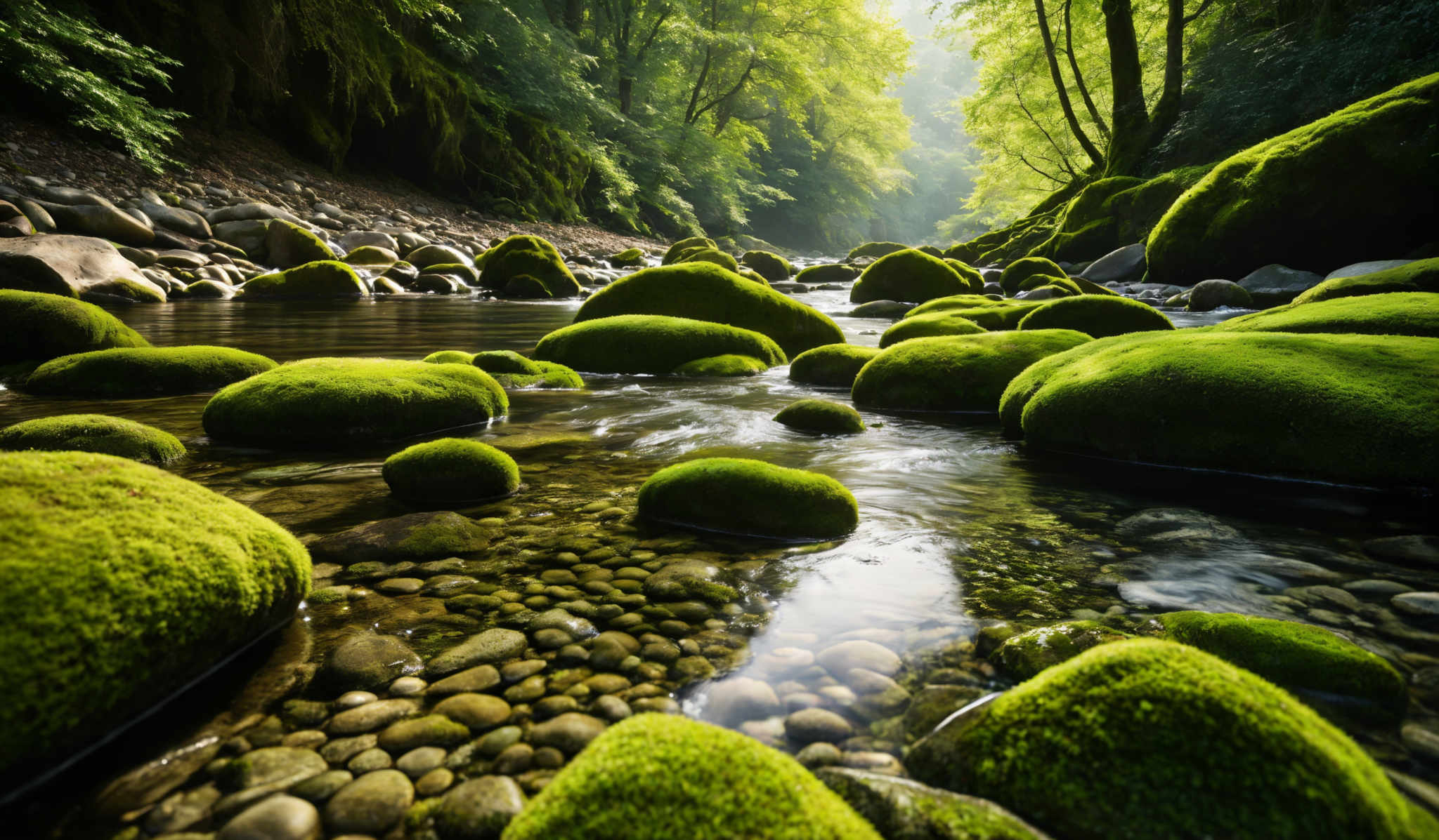 The image showcases a serene natural setting. The dominant colors are various shades of green, representing the moss-covered rocks and trees. The rocks, especially the larger ones, are mossy green, giving them a soft and velvety appearance. They are scattered throughout the stream, with some larger ones submerged in water and others protruding above the surface. The water is clear, allowing us to see the pebbles and stones beneath. The stream flows gently, with its waters reflecting the surrounding greenery. Tall trees with dense foliage can be seen on both sides, their leaves filtering the sunlight and casting dappled shadows on the ground.