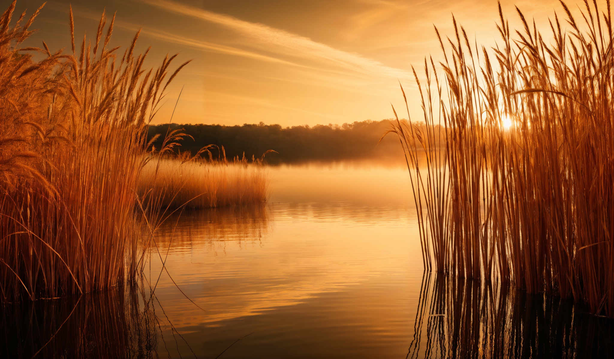 The image showcases a serene landscape during what appears to be sunrise or sunset. The dominant colors are warm hues of orange, gold, and brown, with the sun casting a soft, golden light. The sky is painted with streaks of clouds, reflecting the sun's glow. In the foreground, tall, slender reeds or grasses stand tall, their tips glowing with the same warm light. These reeds are reflected in the calm waters below, creating a mirror effect. The background reveals a misty forest or woodland area, with trees silhouetted against the bright sky.