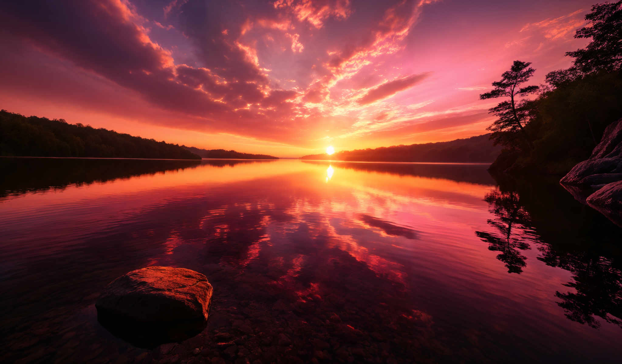 The image showcases a breathtaking sunset over a calm lake. The sky is painted with hues of pink, purple, and orange, with dramatic cloud formations reflecting the fiery colors. The sun is positioned near the horizon, casting a golden glow over the water. On the right side, there's a rocky cliff with a few trees, and the reflection of the trees and the sky can be seen in the still water of the lake. In the foreground, there is a rock with some pebbles visible beneath its surface.