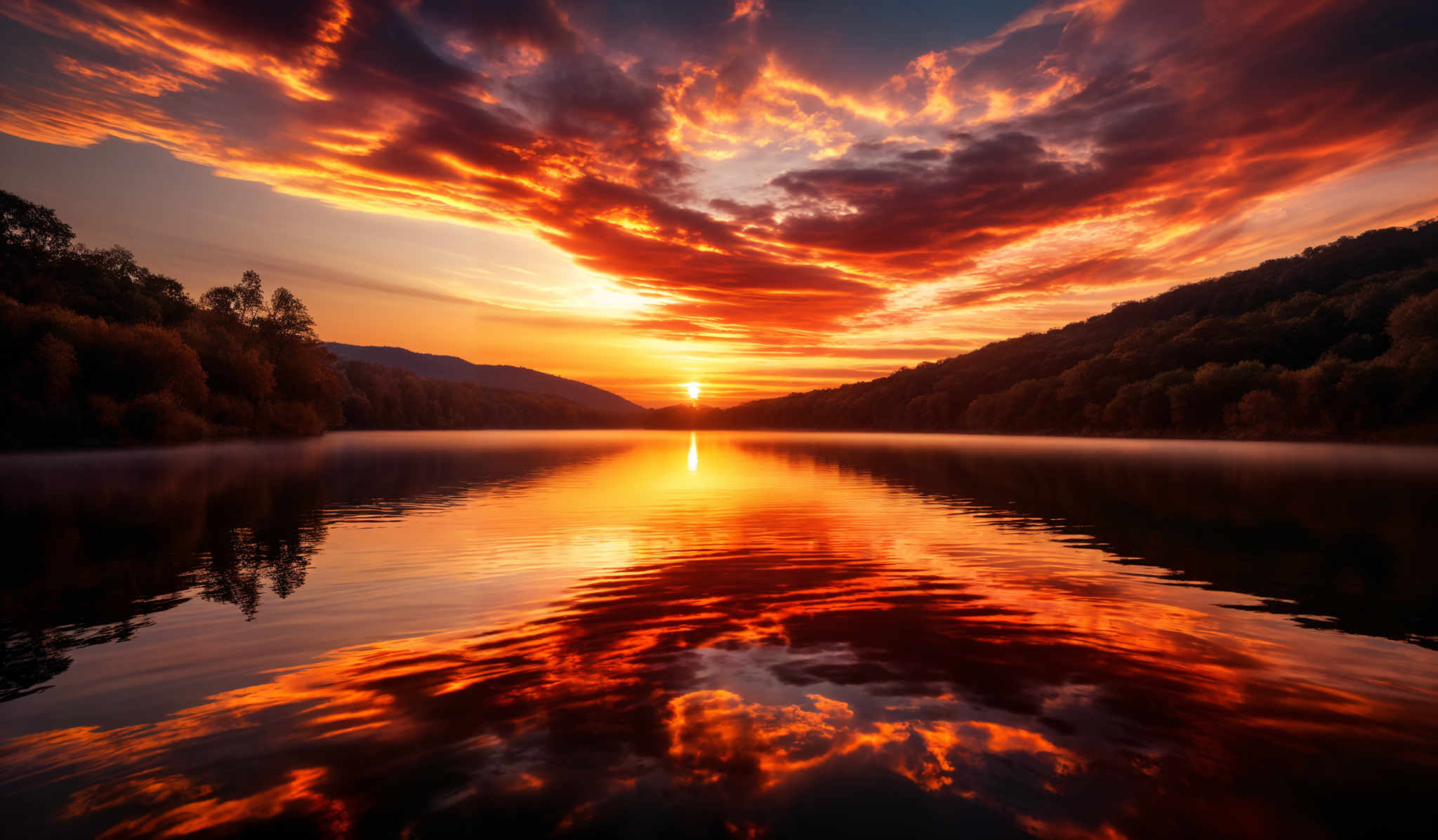 The image showcases a breathtaking sunset over a calm body of water. The sky is painted with vibrant hues of orange, red, and purple, with the sun setting in the center, casting a golden glow. The clouds are dramatic, with fiery red and orange tones, and they seem to be swirling and merging. The water reflects the sky's colors, creating a mirror-like effect. On either side of the water, there are dense forests with trees displaying autumnal colors, ranging from green to golden yellow. The horizon is lined with a silhouette of a mountain range.