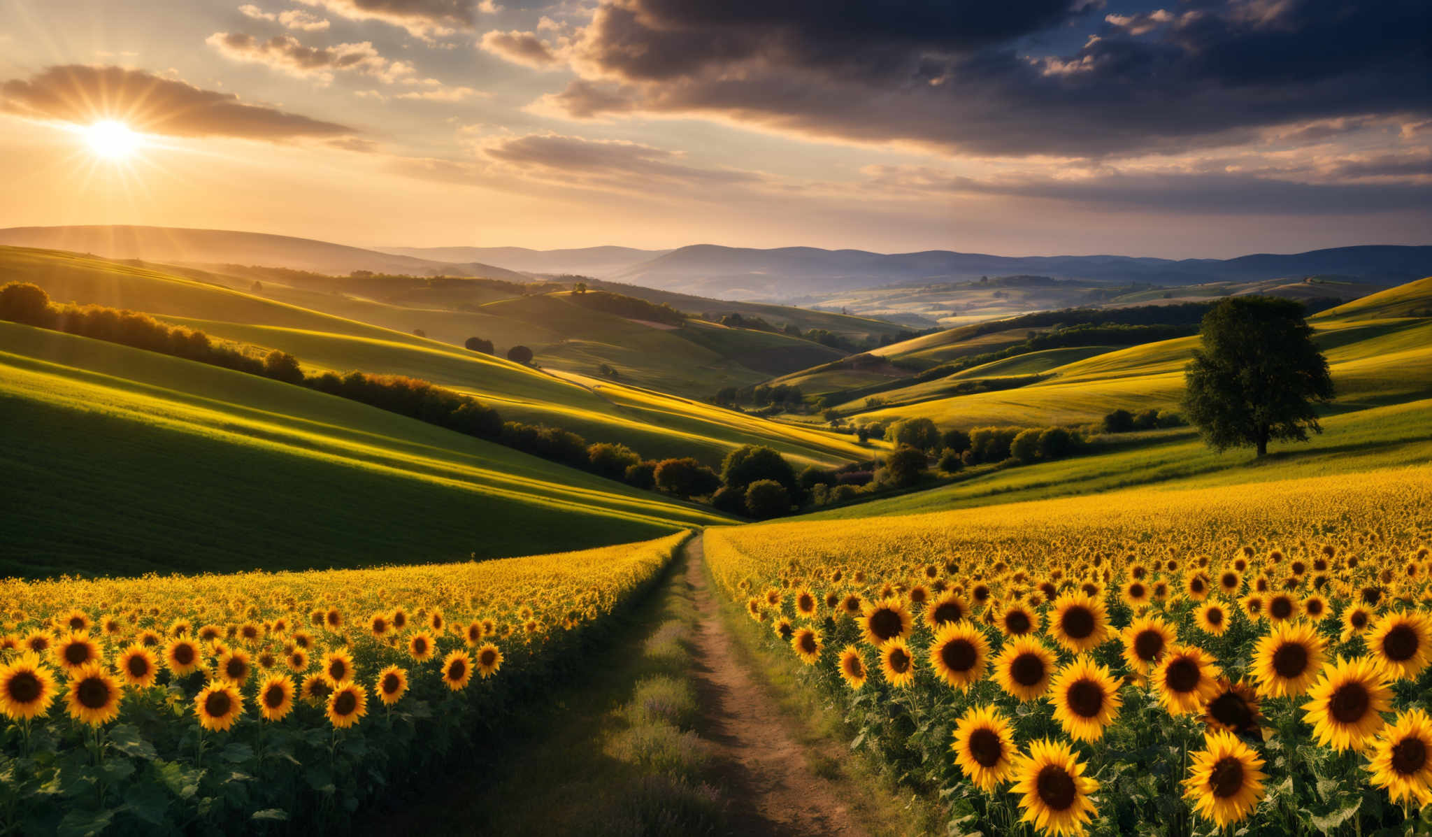 The image showcases a breathtaking landscape during sunset. The dominant colors are golden yellow from the sunlight, deep green from the rolling hills, and vibrant yellow from a vast field of sunflowers. The sun is positioned near the horizon, casting a warm glow over the entire scene. The landscape consists of undulating hills, with valleys and a few trees scattered around. A pathway meanders through the sunflower field, leading the viewer's eye towards the distant mountains.