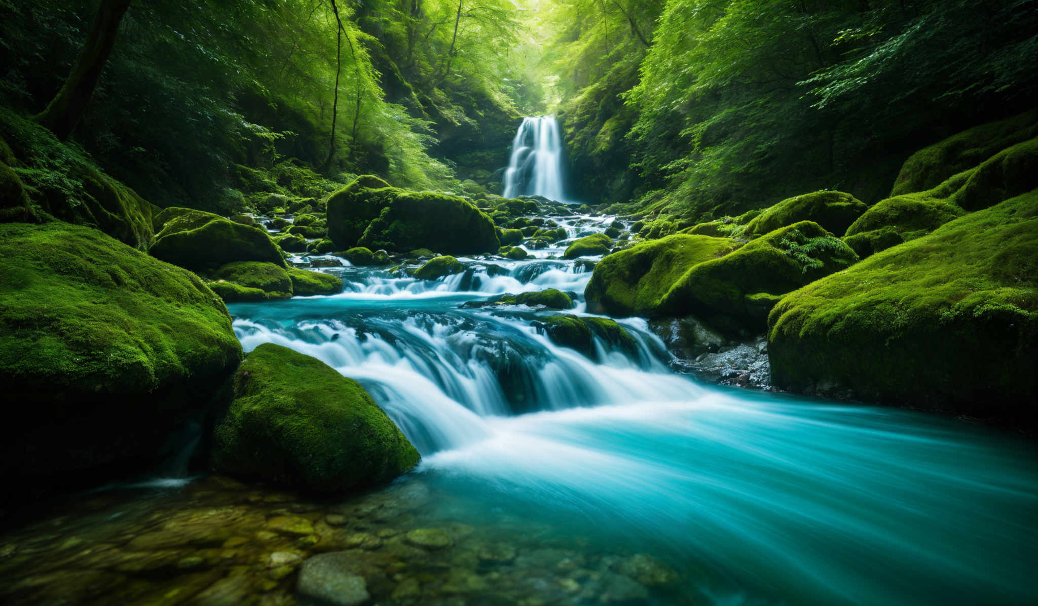 The image showcases a serene natural setting. Dominating the scene are vibrant shades of green from the moss-covered rocks and trees. The waterfall cascades down in the center, with its white frothy water contrasting against the surrounding greenery. The stream below the waterfall flows smoothly, its waters a clear turquoise. The rocks in the stream are mossy and vary in size, with some larger boulders and many smaller stones. The trees surrounding the area are dense, with their canopies forming a canopy overhead. The overall ambiance is tranquil and untouched, evoking feelings of peace and connection with nature.