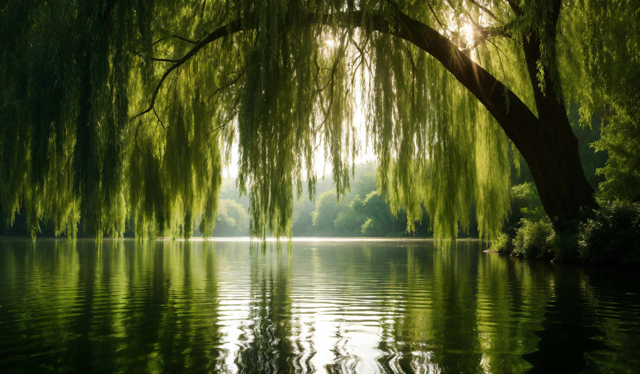 The image showcases a serene landscape with a dominant presence of a weeping willow tree. The tree's branches are draped with long, green, and slightly curved leaves, creating a cascading effect. The sunlight filters through the branches, casting a soft glow and creating a shimmering effect on the water below. The water reflects the tree and the surrounding greenery, creating an almost mirror-like effect. In the background, there's a hint of dense foliage and trees, suggesting that this might be a pond or a calm lake surrounded by a forest.