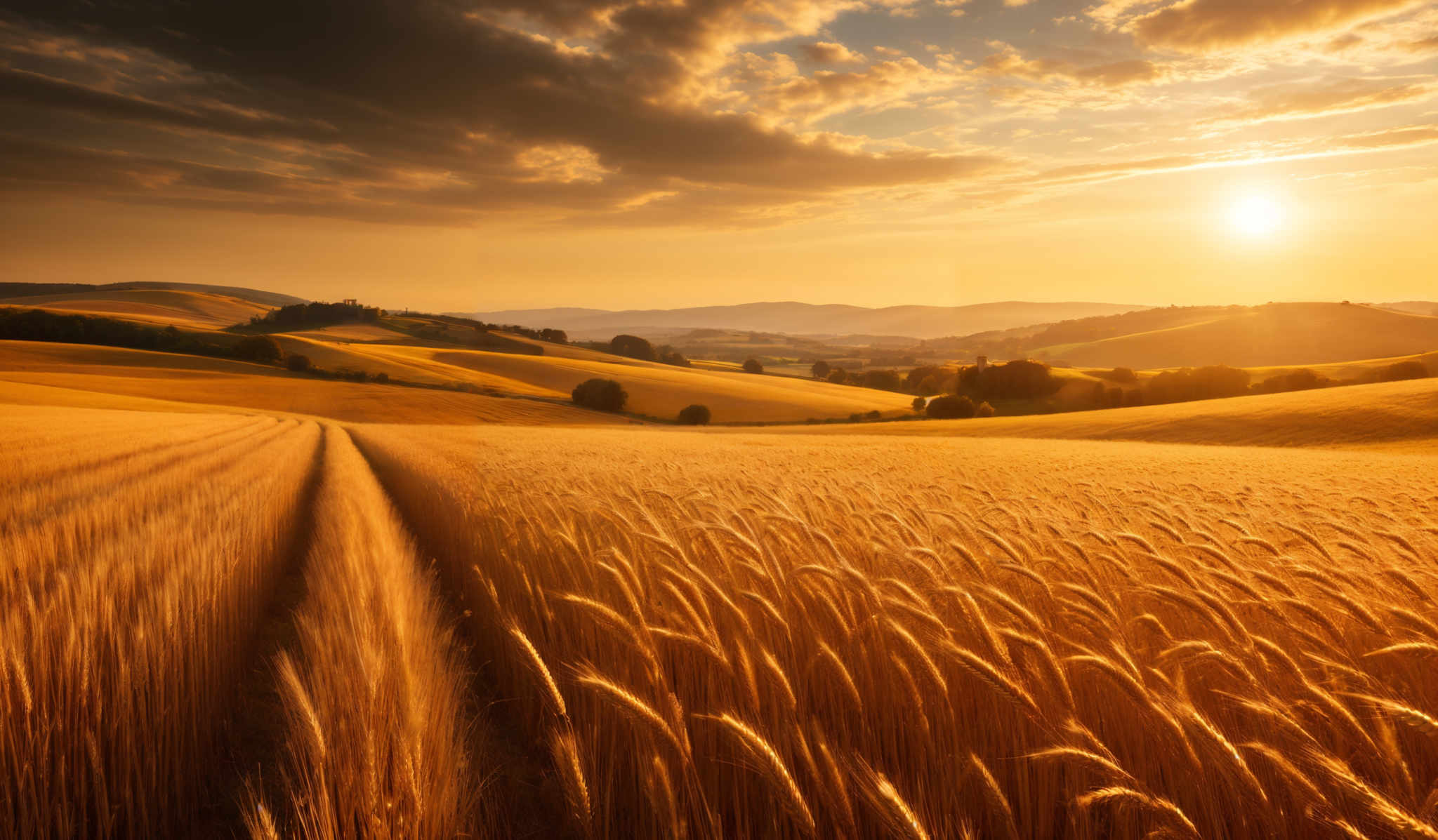 The image showcases a vast, golden field of wheat bathed in the warm glow of the setting sun. The sun casts a radiant orange hue over the horizon, contrasting with the dark, dramatic clouds overhead. The wheat, with its tall, slender stalks, sways gently, reflecting the sunlight. In the distance, rolling hills and a few scattered trees can be seen, bathed under the same golden light. The overall scene is serene, evoking feelings of tranquility and the beauty of nature.