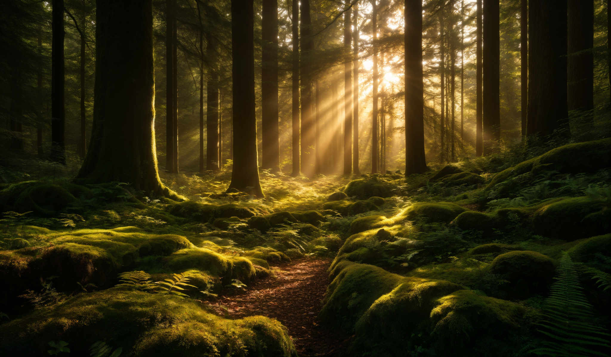 The image showcases a serene forest scene with tall, slender trees reaching upwards. The sun's rays pierce through the canopy, casting a warm, golden hue over the forest floor. The forest floor is covered in moss-covered rocks and ferns, giving it a lush, green appearance. The trees' trunks are dark, contrasting with the bright light filtering through. The overall color palette is dominated by shades of green, brown, and gold.