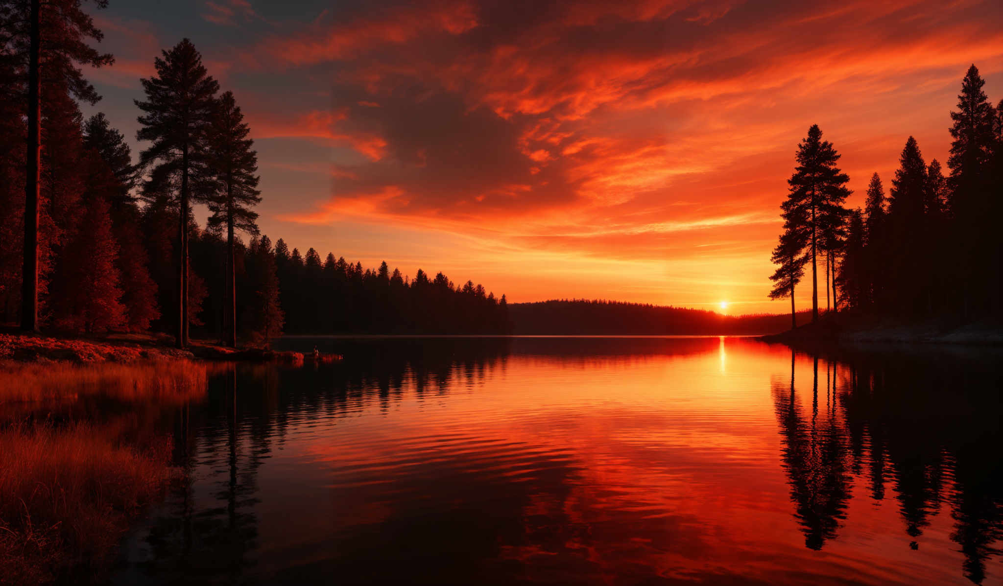 The image showcases a breathtaking view of a serene lake during sunset. The sky is painted with hues of orange, red, and a touch of blue, reflecting beautifully on the calm waters of the lake. Tall pine trees, with their dark silhouettes, stand majestically on both sides of the image, their reflection mirrored in the water. The sun is nearing the horizon, casting a golden glow over the scene. The foreground has some reeds and grasses, adding depth to the image and contrasting with the smoothness of the water and the solidity of the trees.