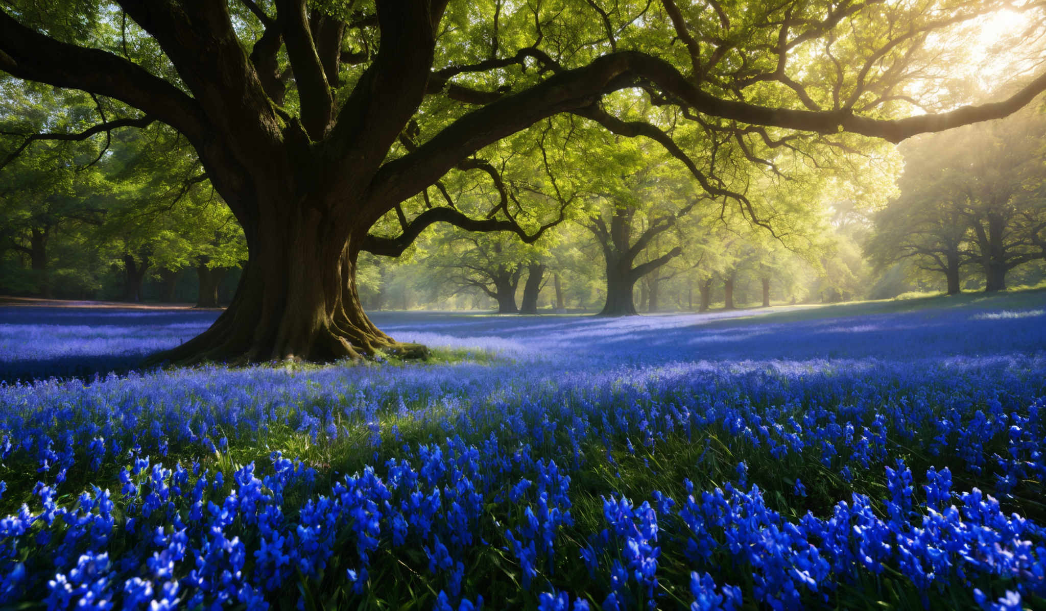 The image showcases a vibrant landscape dominated by a large, sprawling tree with a thick trunk and sprawling branches. The tree's canopy is dense with lush green leaves. Below the tree, a carpet of blue flowers stretches out, creating a mesmerizing contrast with the greenery. The background reveals more trees, and the sunlight filtering through the foliage casts a warm, golden hue over the scene.