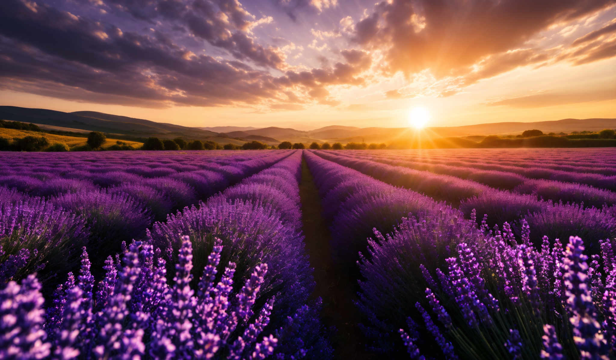 The image showcases a breathtaking landscape during sunset. The sky is painted with hues of orange, pink, and purple, with scattered clouds reflecting the sun's golden rays. Below, a vast field of lavender stretches out in neat rows, bathed in the soft light of the setting sun. The lavender blooms are in full bloom, displaying their vibrant purple hue. In the distance, rolling hills and trees can be seen, silhouetted against the fiery backdrop of the sun.