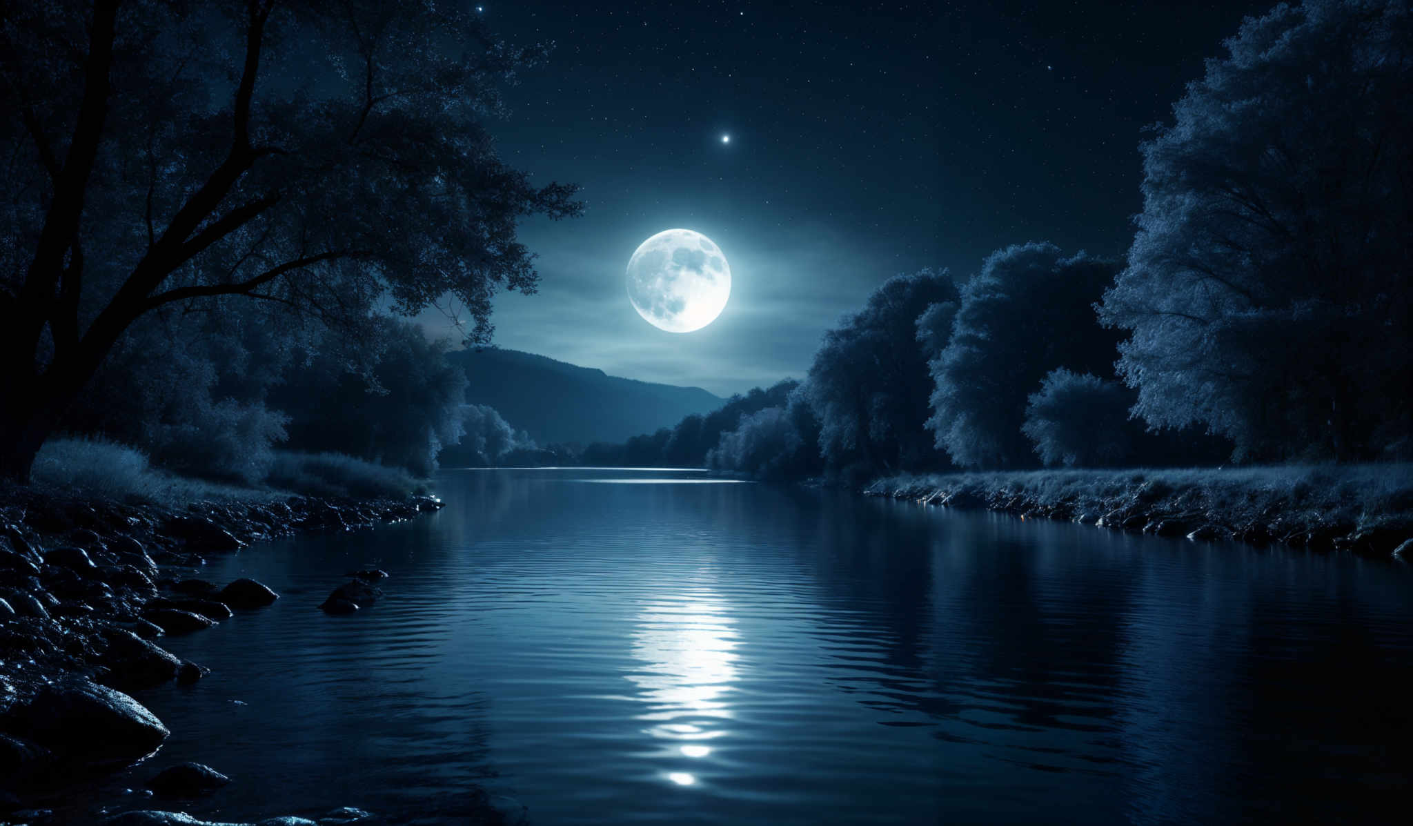 The image showcases a serene nighttime landscape. The dominant colors are shades of blue and black, giving it a cool and calming ambiance. The moon, which is almost full, is brightly illuminating the sky and its reflection is seen on the water below. The trees on both sides of the river are tall and have a silhouette effect, with their branches reaching out in various directions. The river itself is calm, with its surface reflecting the moon and the surrounding trees. There are also some stars visible in the sky, adding to the overall mystical feel of the scene.