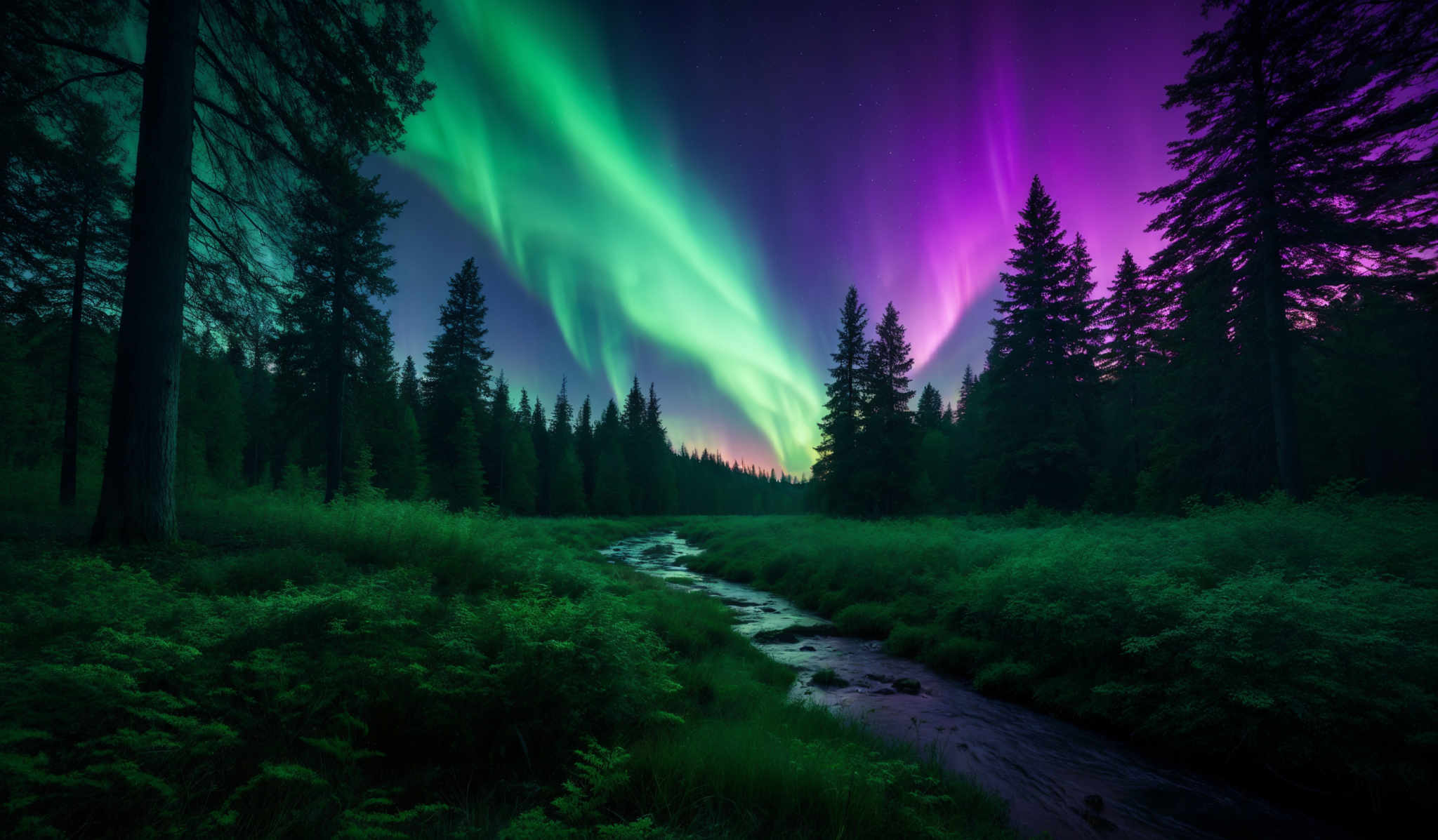 The image showcases a breathtaking view of the Northern Lights, also known as the Aurora Borealis. These lights display a vibrant array of colors, predominantly green and purple, dancing across the night sky. The lights form beautiful curtains and streaks, creating an ethereal and mesmerizing effect. Below the sky, there's a dense forest with tall pine trees. The forest floor is adorned with lush green vegetation, including ferns and shrubs, and there' s a small stream flowing through it. The overall ambiance of the image is serene and magical.