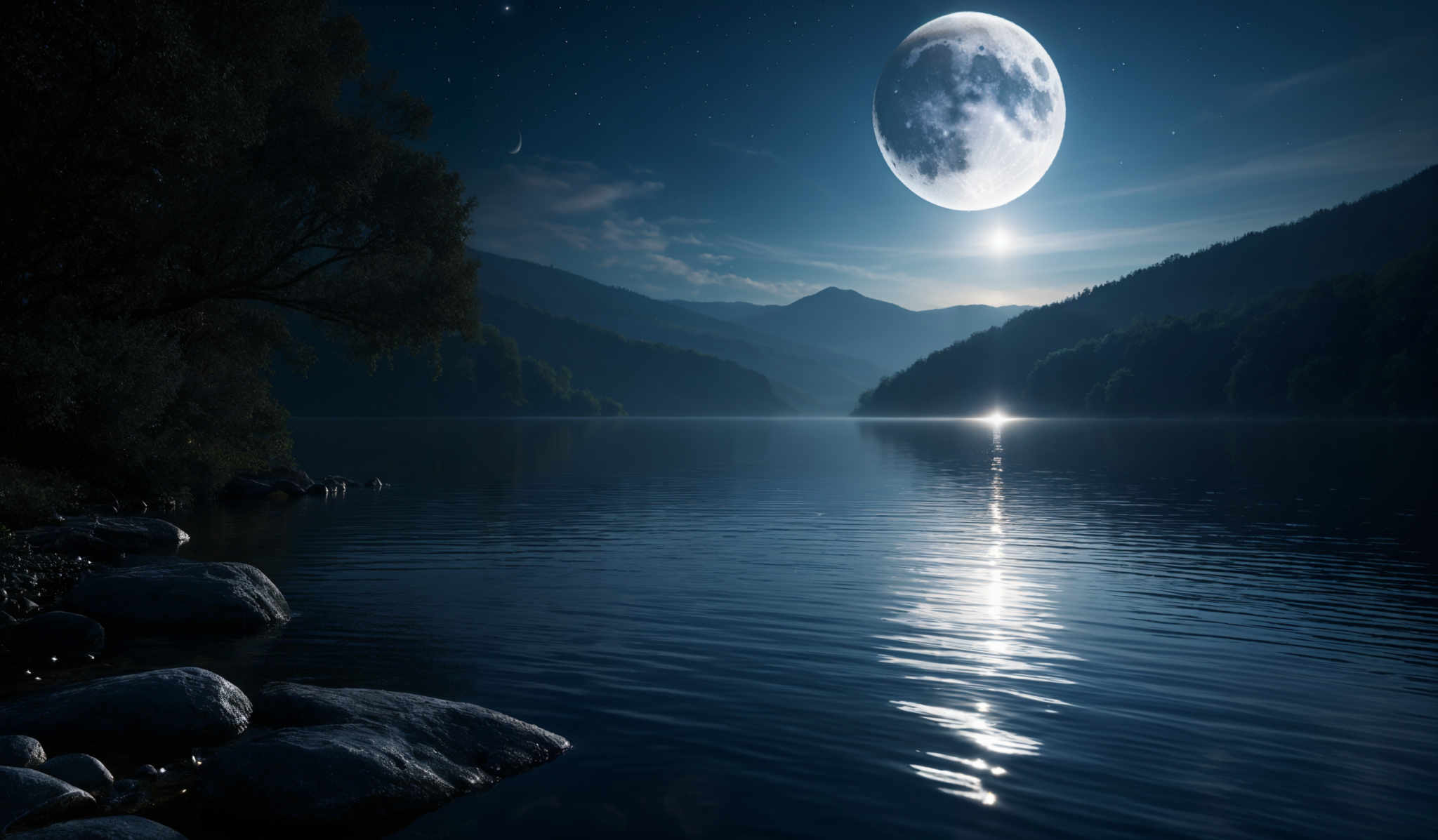 The image showcases a serene nighttime landscape. The dominant colors are deep blues and blacks, with the moon being a luminous white. The moon is depicted in its full phase, casting a bright glow over the scene. The landscape features a calm lake with ripples, reflecting the moon's light. On the left, there's a dense forest with tall trees, and the background reveals a series of mountains. The sky is dotted with stars, and there're also a few celestial bodies, possibly planets, visible.