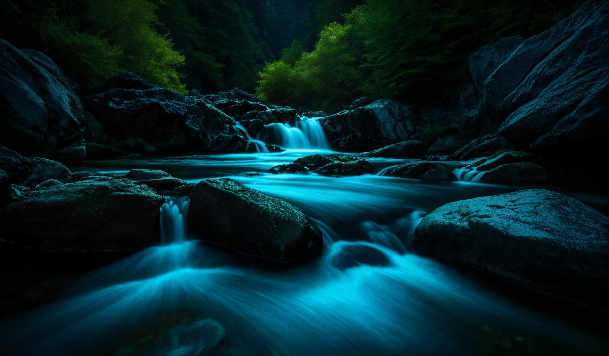 The image showcases a serene natural scene. Dominating the foreground are large, smooth, and jagged rocks, some of which are partially submerged in the flowing water. The water itself is a vibrant shade of blue, suggesting its purity and the reflection of the surrounding environment. It cascades over the rocks, forming small waterfalls and creating a silky effect, likely due to a long exposure shot. The background is lush with green trees, their foliage illuminated by a soft, ambient light, giving the scene a mystical and tranquil ambiance.