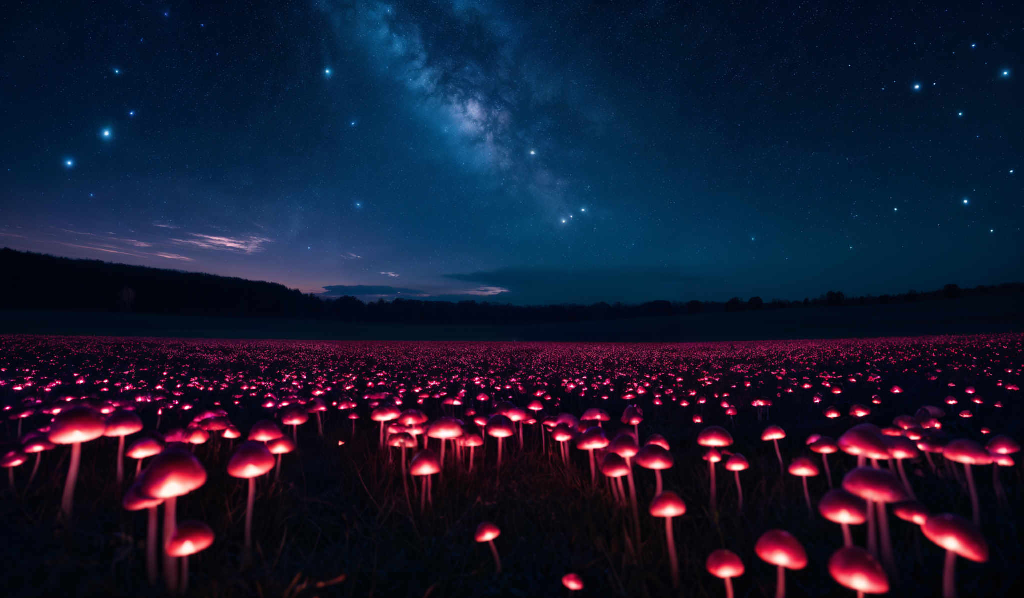 The image showcases a vast field of luminescent mushrooms that glow in a vibrant red hue. These mushroom-like structures stand tall, with their caps illuminated from within, creating a mesmerizing contrast against the dark night sky. Above, the sky is painted with a tapestry of stars, with the Milky Way galaxy prominently visible, stretching across the expanse. The horizon is faintly lit, suggesting the presence of a setting or rising sun, or perhaps the glow of a distant city.