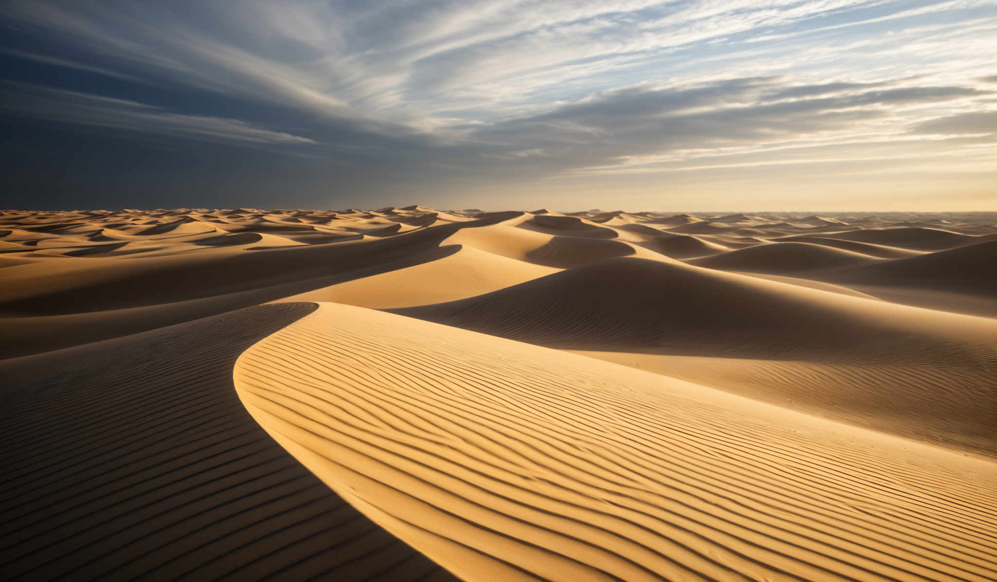 The image showcases a vast desert landscape with rolling sand dunes. The dunes are characterized by their smooth, curved shapes and are bathed in a warm golden hue, likely due to the sunlight. The sky above is a mix of deep blues and lighter shades, with streaks of clouds stretching across. The interplay of light and shadow on the dunes creates a sense of depth and dimension.