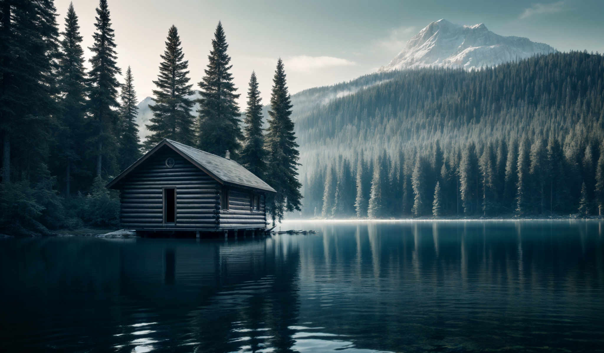 The image showcases a serene landscape with a large, towering mountain in the background, partially covered in snow. The mountain is surrounded by dense forests of tall pine trees. In the foreground, there's a calm, reflective lake with a wooden cabin built on its edge. The cabin is a simple structure with a sloping roof, and its reflection can be seen in the clear waters of the lake. The sky above is clear with a hint of mist or fog near the base of the mountain.