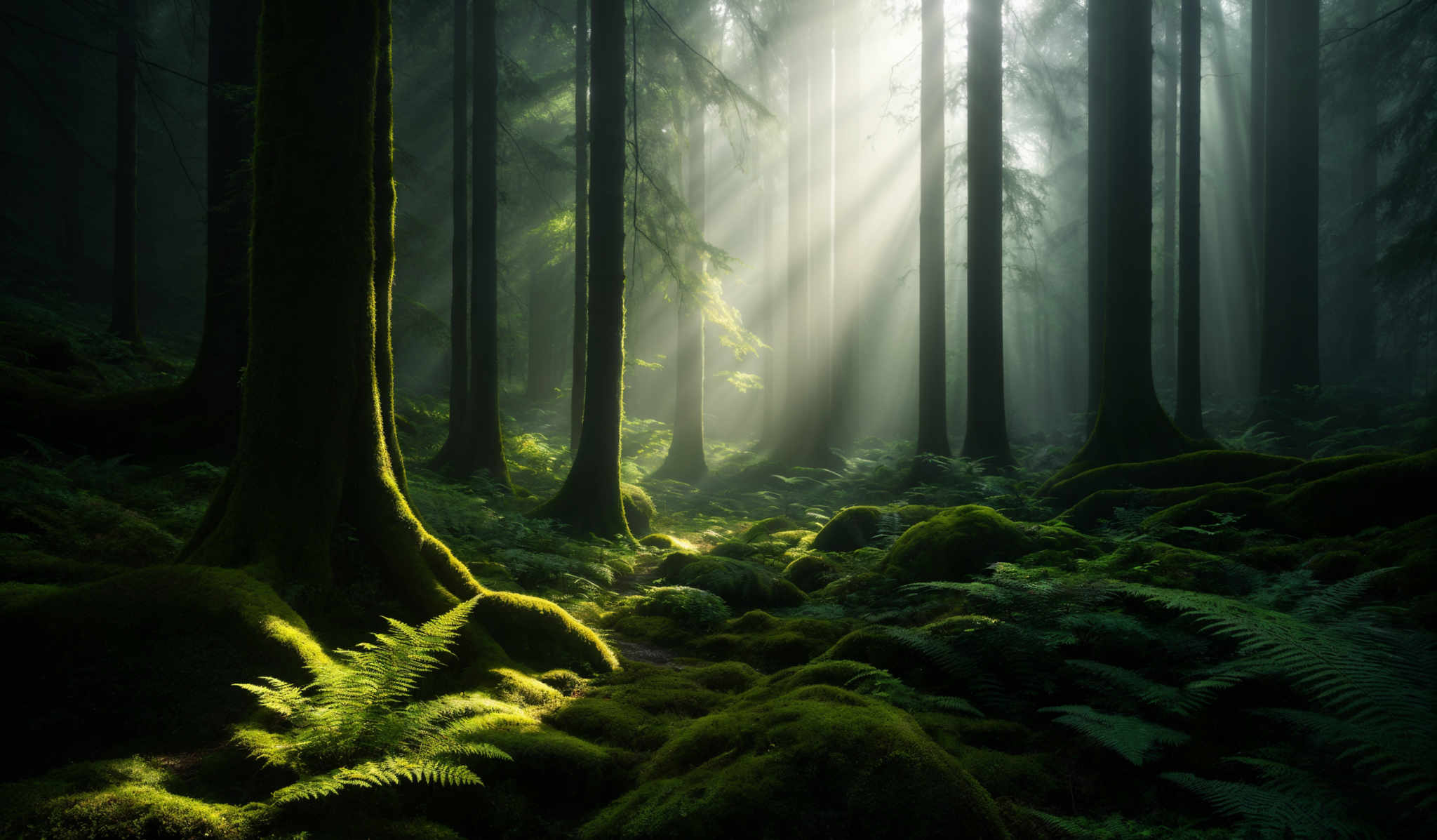 The image showcases a dense forest with tall, slender trees. The trees have a dark brown bark, and their trunks are prominently visible. The forest floor is covered with moss-covered rocks and ferns, which are vibrant green in color. Sunlight filters through the trees, creating a beautiful play of light and shadow on the forest floor. The overall ambiance of the image is serene and mystical.