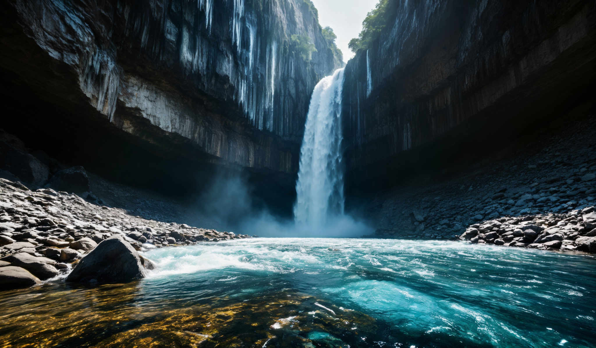 The image showcases a breathtaking waterfall cascading down a tall cliff surrounded by rugged rock formations. The waterfall is a powerful white torrent, contrasting sharply with the dark, vertical rock walls. The pool at the base of the waterfall reflects the sky, and the surrounding area is strewn with various sizes of rocks, some wet from the mist of the falling water.