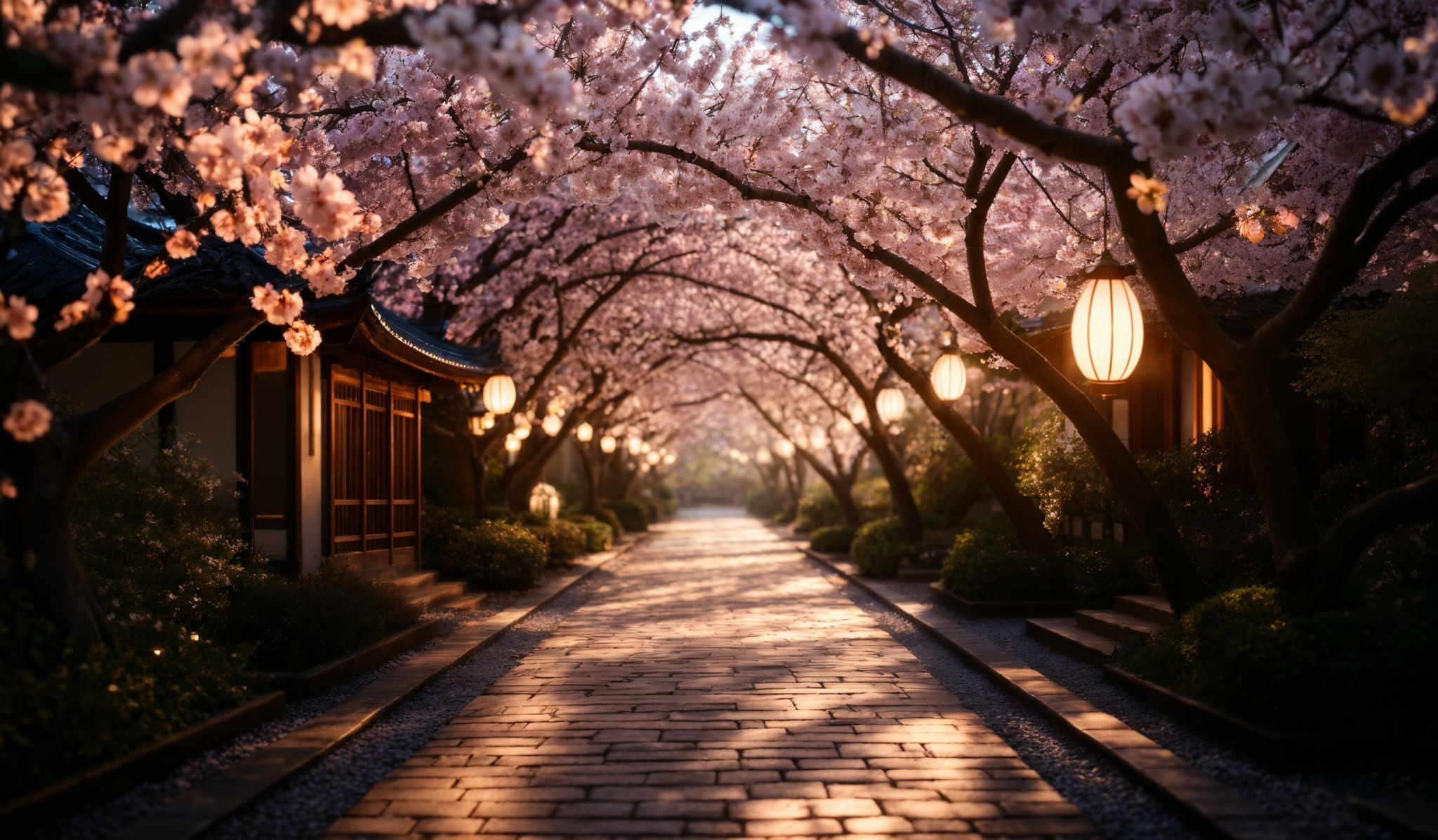 The image showcases a picturesque scene of a pathway lined with cherry blossom trees in full bloom. The trees have a canopy of pink blossoms, creating a tunnel-like effect over the pathway. The pathway itself is made of stone bricks, and it is illuminated by hanging lanterns that emit a warm, golden glow. On either side of the path, there are traditional wooden structures, possibly houses or temples, with intricate designs on their roofs. The entire scene is bathed in a soft, ambient light, giving it a serene and tranquil ambiance.