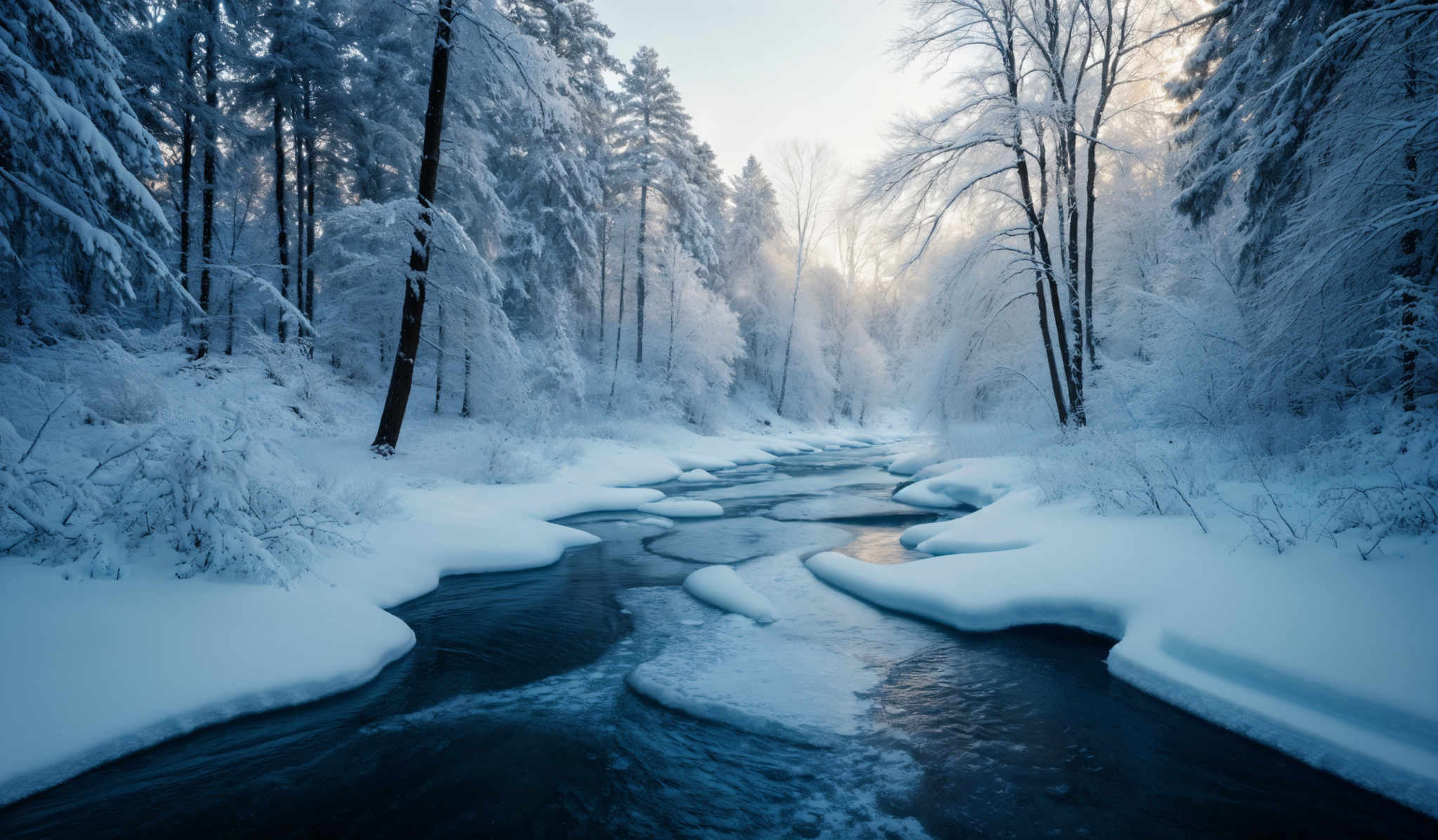 The image showcases a serene winter landscape. Dominating the scene are tall, snow-covered trees with their branches weighed down by the accumulated snow. The ground is blanketed in a thick layer of snow, with mounds and undulations created by the wind. A winding stream flows through the scene, its waters reflecting the blue of the sky and the white of the snow. Sunlight filters through the trees, casting a soft glow and creating a contrast between the illuminated areas and the shadows.