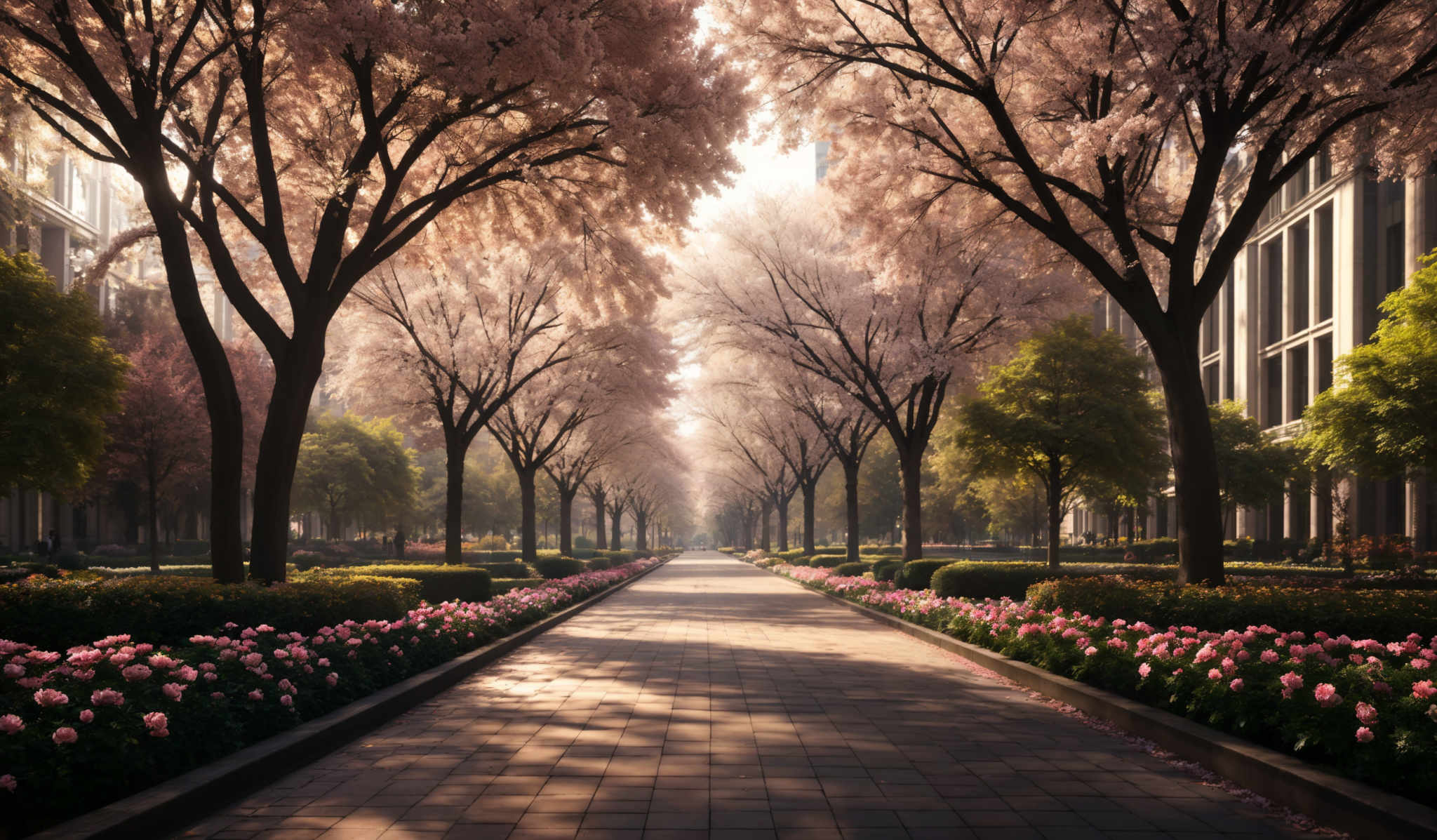 The image showcases a serene pathway lined with tall trees on both sides. The trees are in full bloom, displaying a mesmerizing pink hue, reminiscent of cherry blossoms. The pathway is paved with dark tiles, and on either side, there are neatly arranged flower beds filled with vibrant pink flowers. The background reveals a modern architectural structure, possibly a building, with large windows. The overall ambiance is tranquil, with the play of sunlight filtering through the trees casting a soft glow on the pathway.