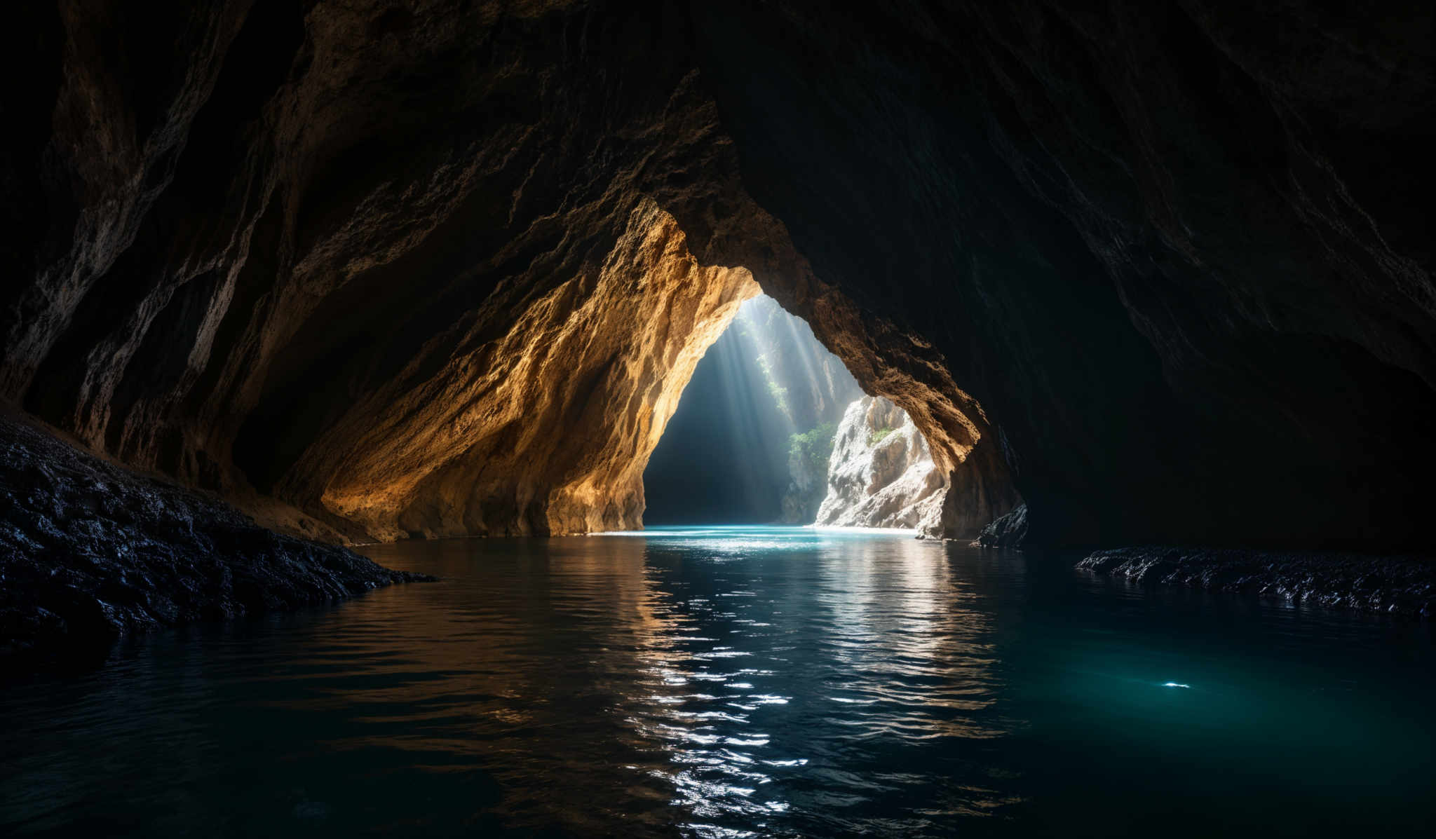 The image showcases a breathtaking view of a cave. The cave's walls are rugged and jagged, with varying shades of brown and dark gray. The ceiling of the cave is arched, allowing sunlight to filter through and create a beautiful play of light and shadow. The sunlight illuminates the cave' calm, serene waters below, reflecting the golden hues of the sun and the cave walls. The water is a deep turquoise, and its surface is slightly disturbed, creating ripples that add depth and movement to the scene.