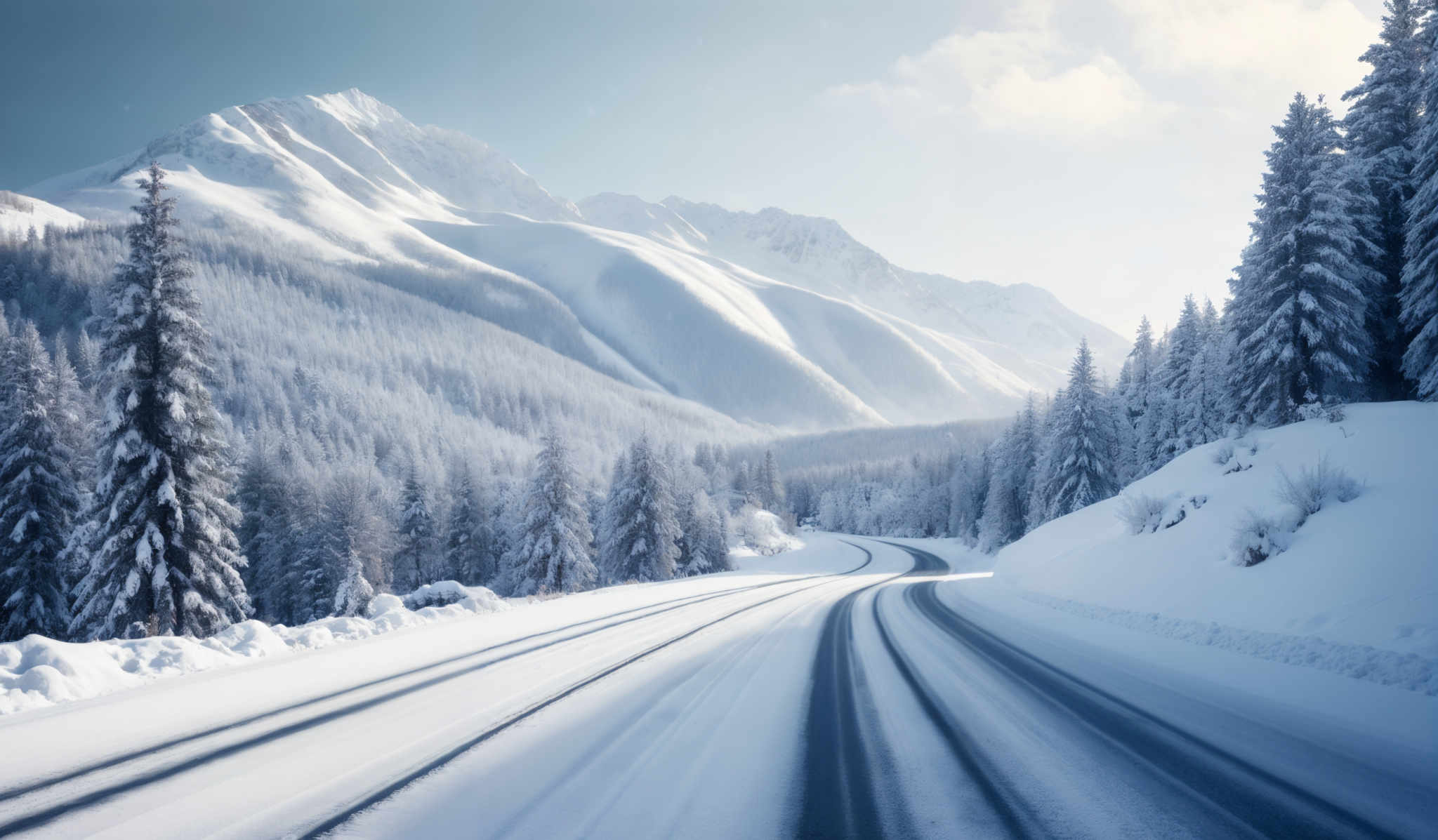 The image showcases a breathtaking winter landscape. Dominating the scene are snow-covered mountains with their peaks glistening under the sunlight. The mountains are surrounded by dense forests of evergreen trees, also blanketed in snow. A winding road cuts through the snowy landscape, leading the viewer's eye towards the mountains. The sky above is clear with a hint of clouds, allowing the sun to shine brightly on the snow, creating a dazzling effect.